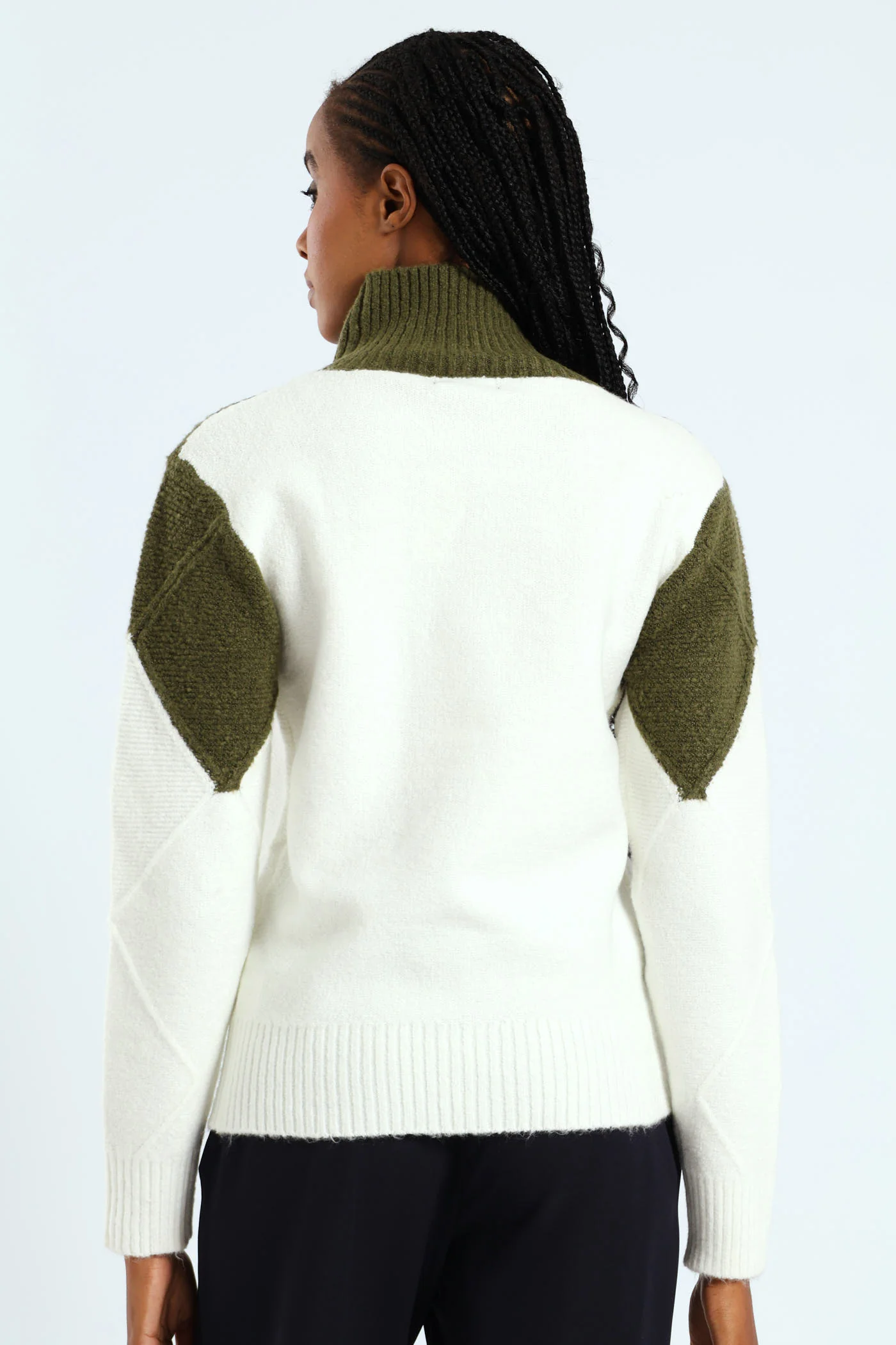 Colourblock Cable Knit Pullover - Green/Cream - Image 4
