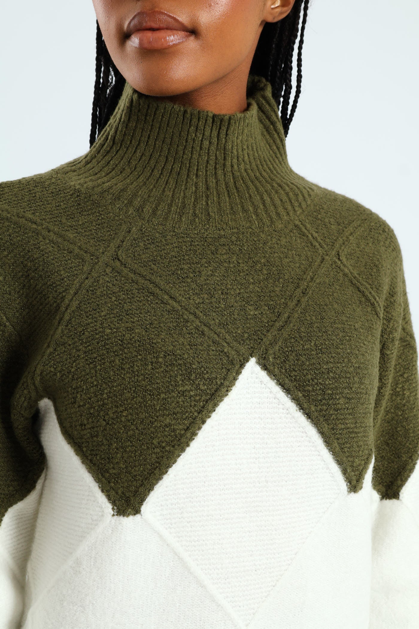 Colourblock Cable Knit Pullover - Green/Cream - Image 5