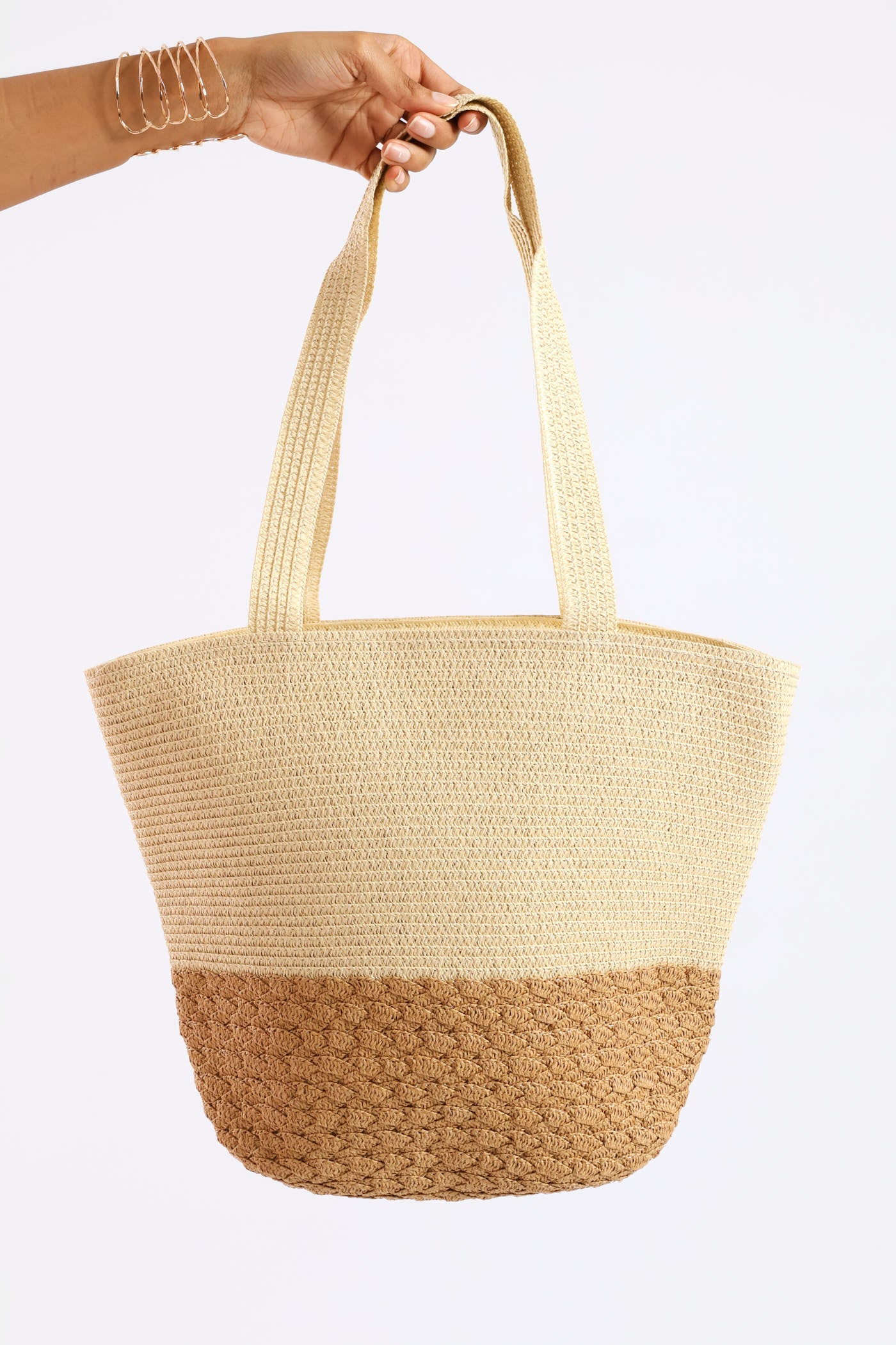 Colourblock Straw Shopper - Cream - Image 3