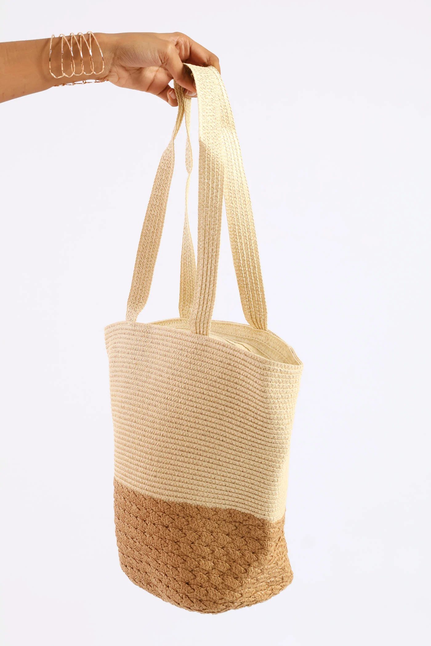 Colourblock Straw Shopper - Cream - Image 4