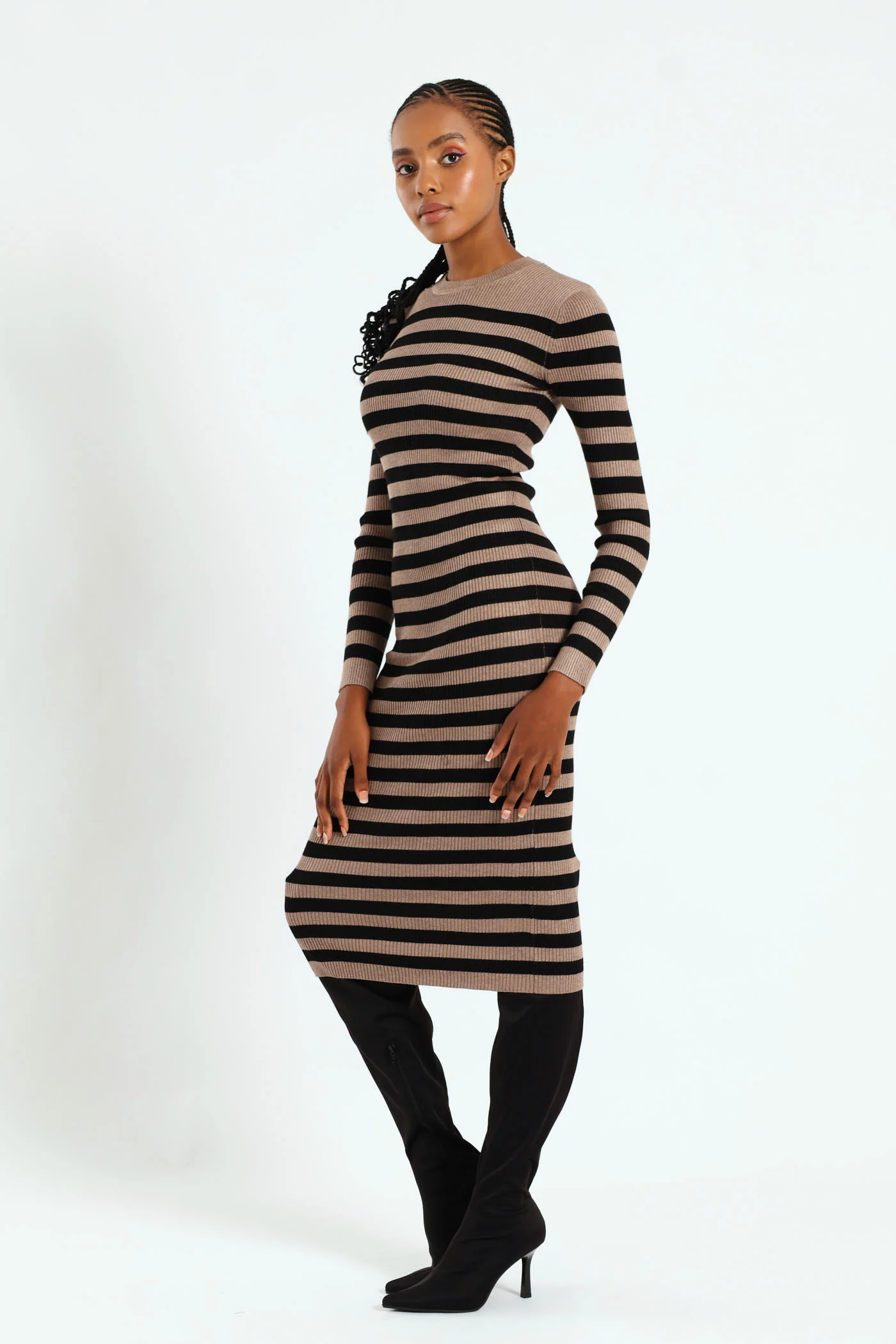 Column Striped Midi Knitwear Dress - Black/Tan - Image 2