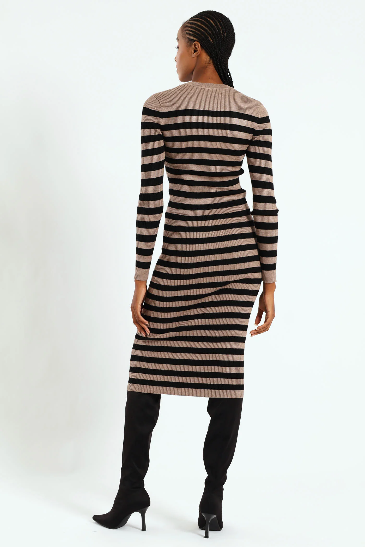 Column Striped Midi Knitwear Dress - Black/Tan - Image 3