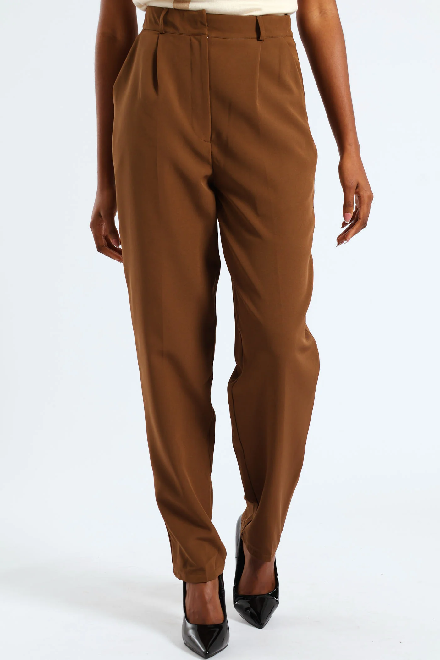 Concealed Button Barrel Leg Pants - Brown - Image 2