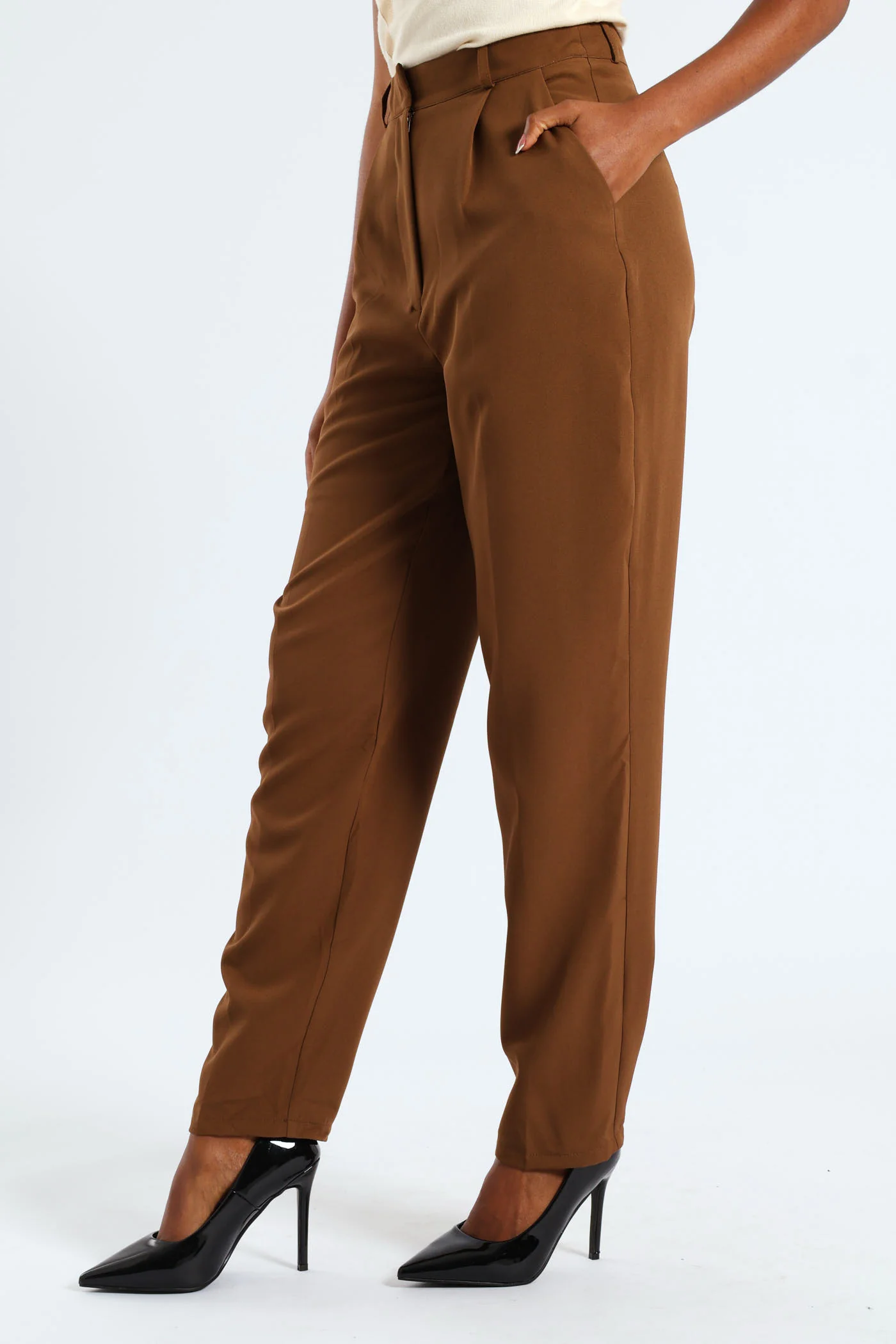 Concealed Button Barrel Leg Pants - Brown - Image 4