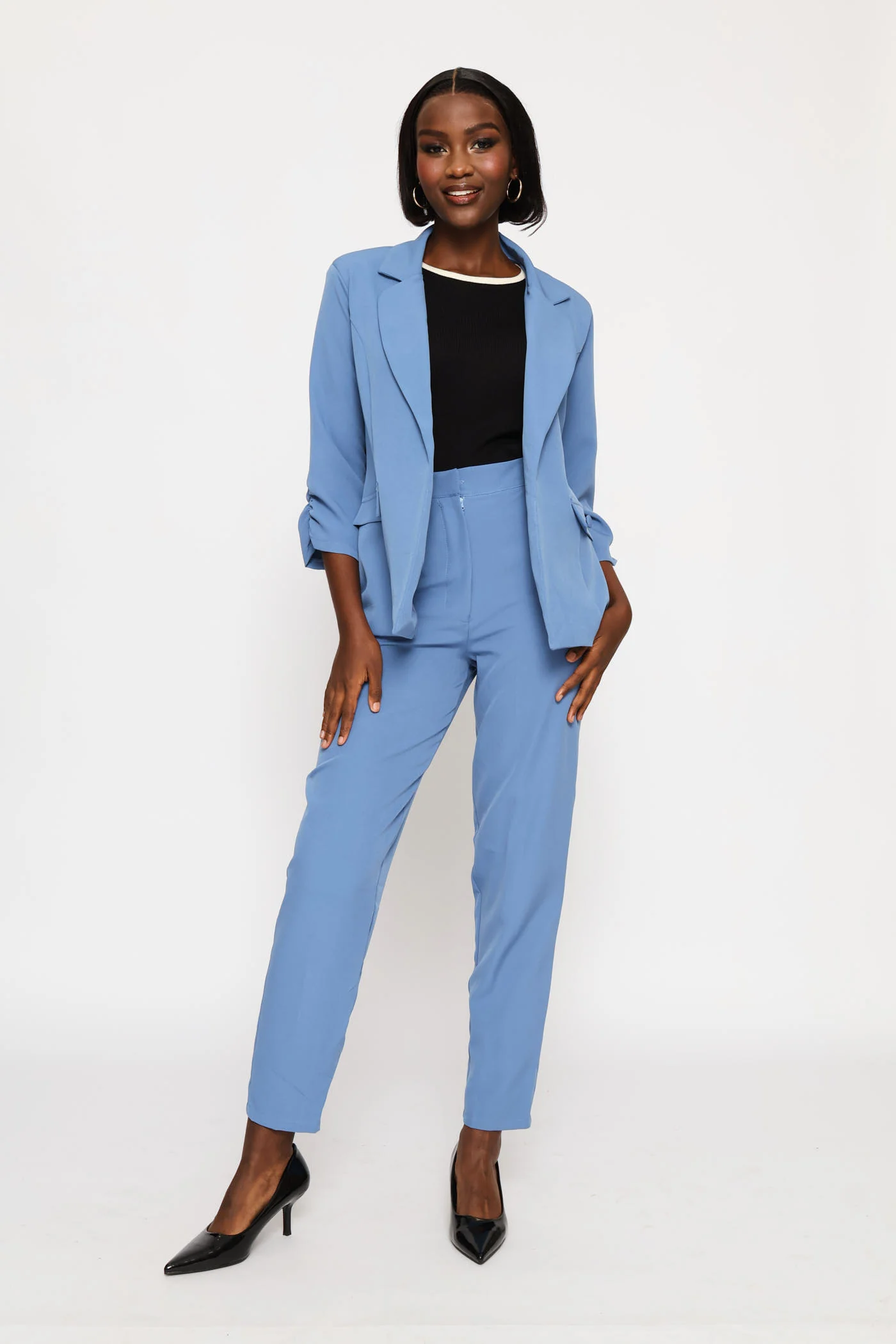 Ruched Sleeve Pocket Button Blazer - Blue - Image 5