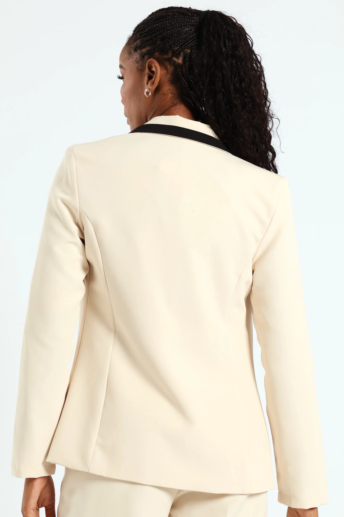 Contrast Tipped Double Breasted Blazer - Cream - Image 3
