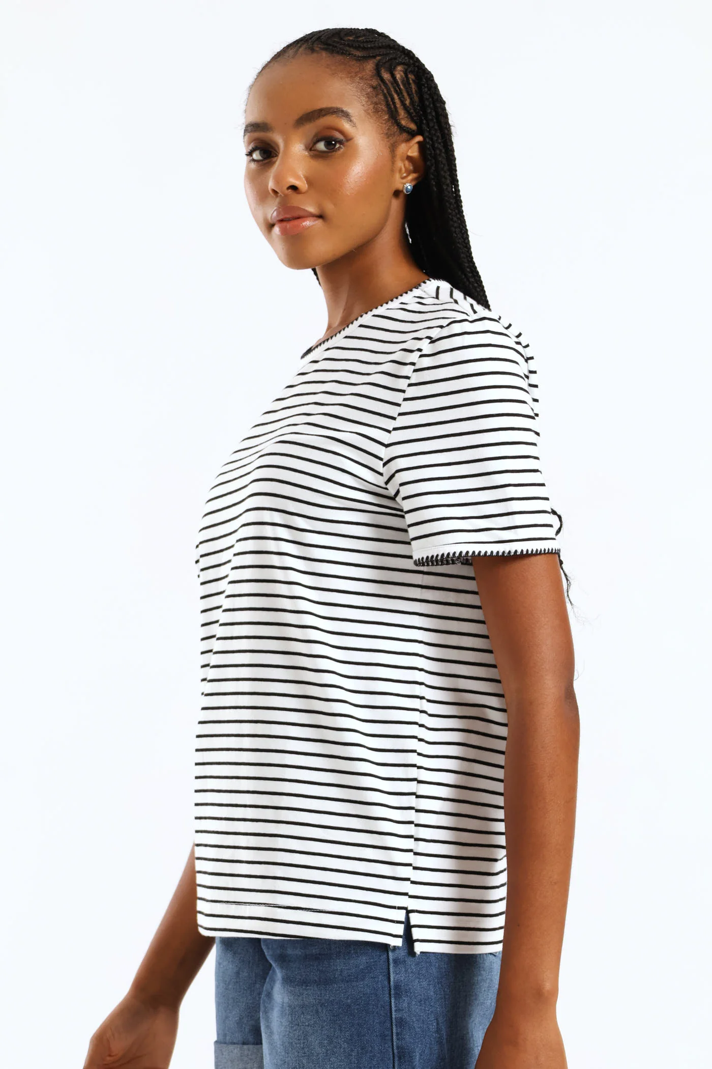 Contrast Blanket Stitch Crew Neck Boxy Tee - Black/White - Image 3