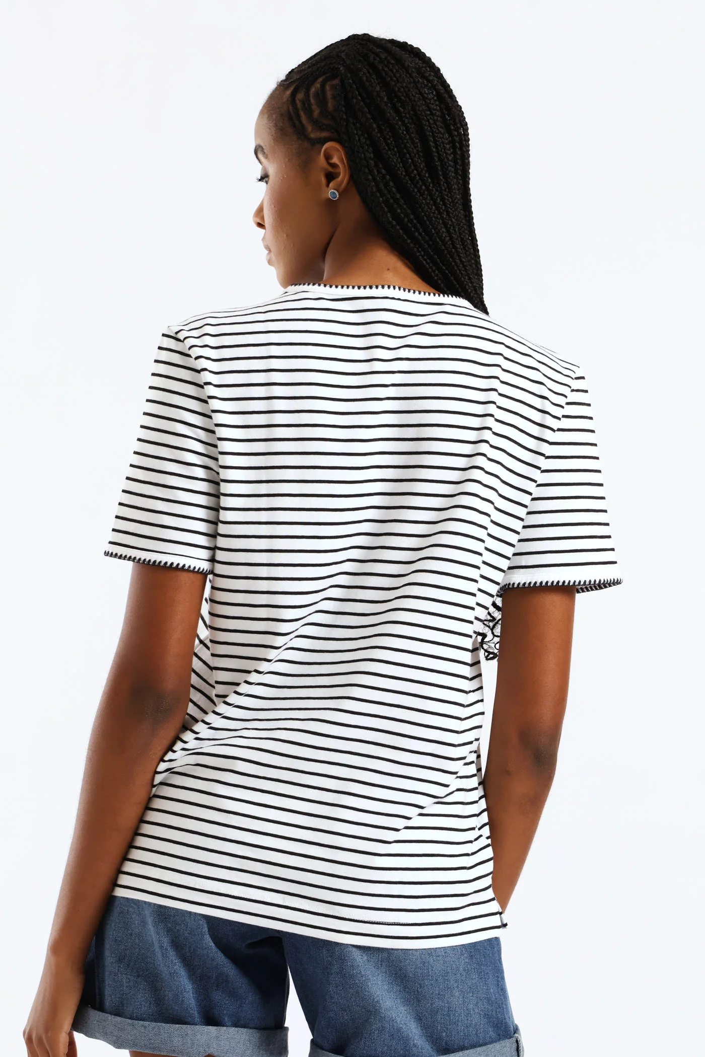 Contrast Blanket Stitch Crew Neck Boxy Tee - Black/White - Image 4