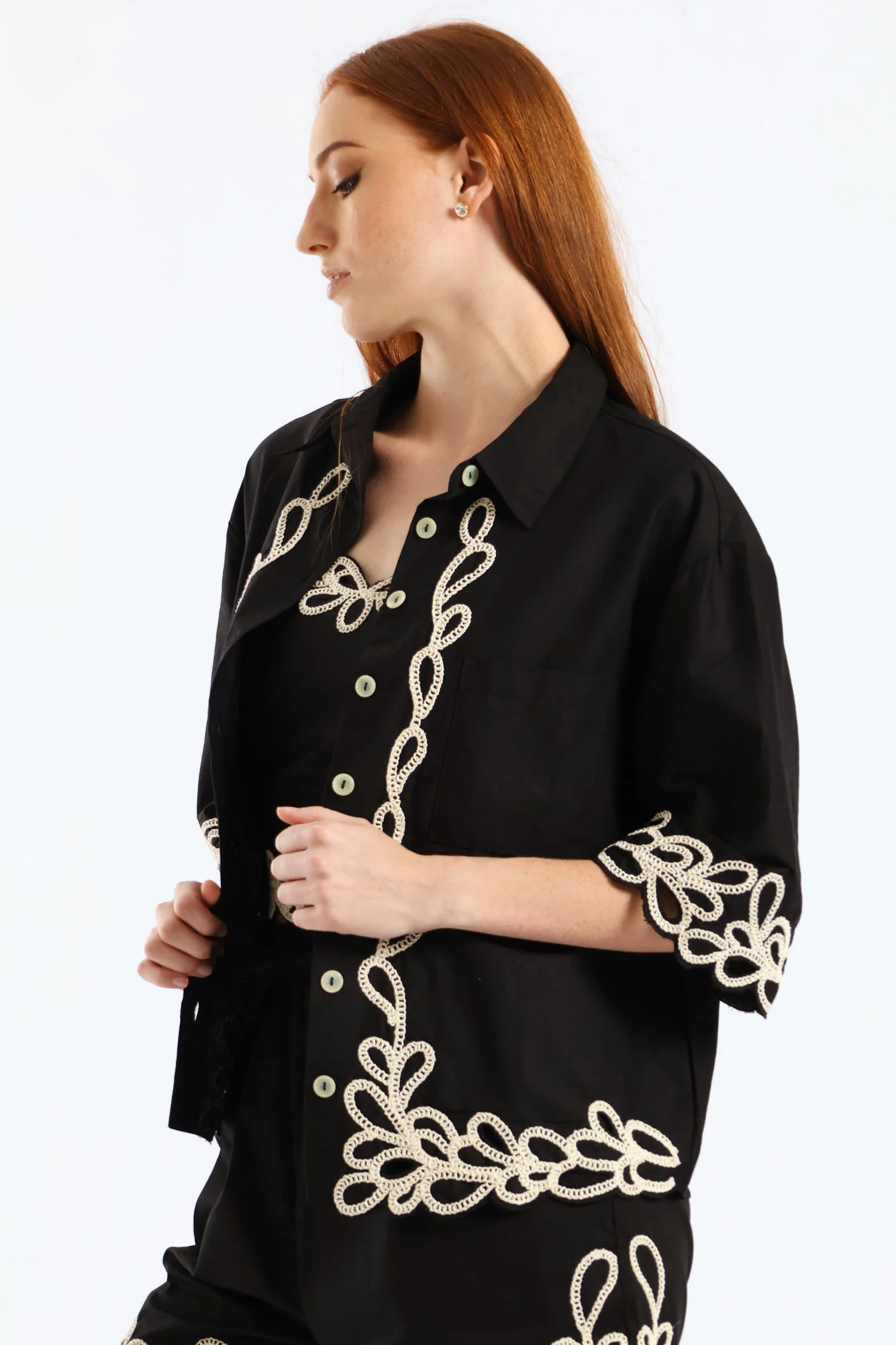 Contrast Cornelli Boxy Shirt - Black - Image 3