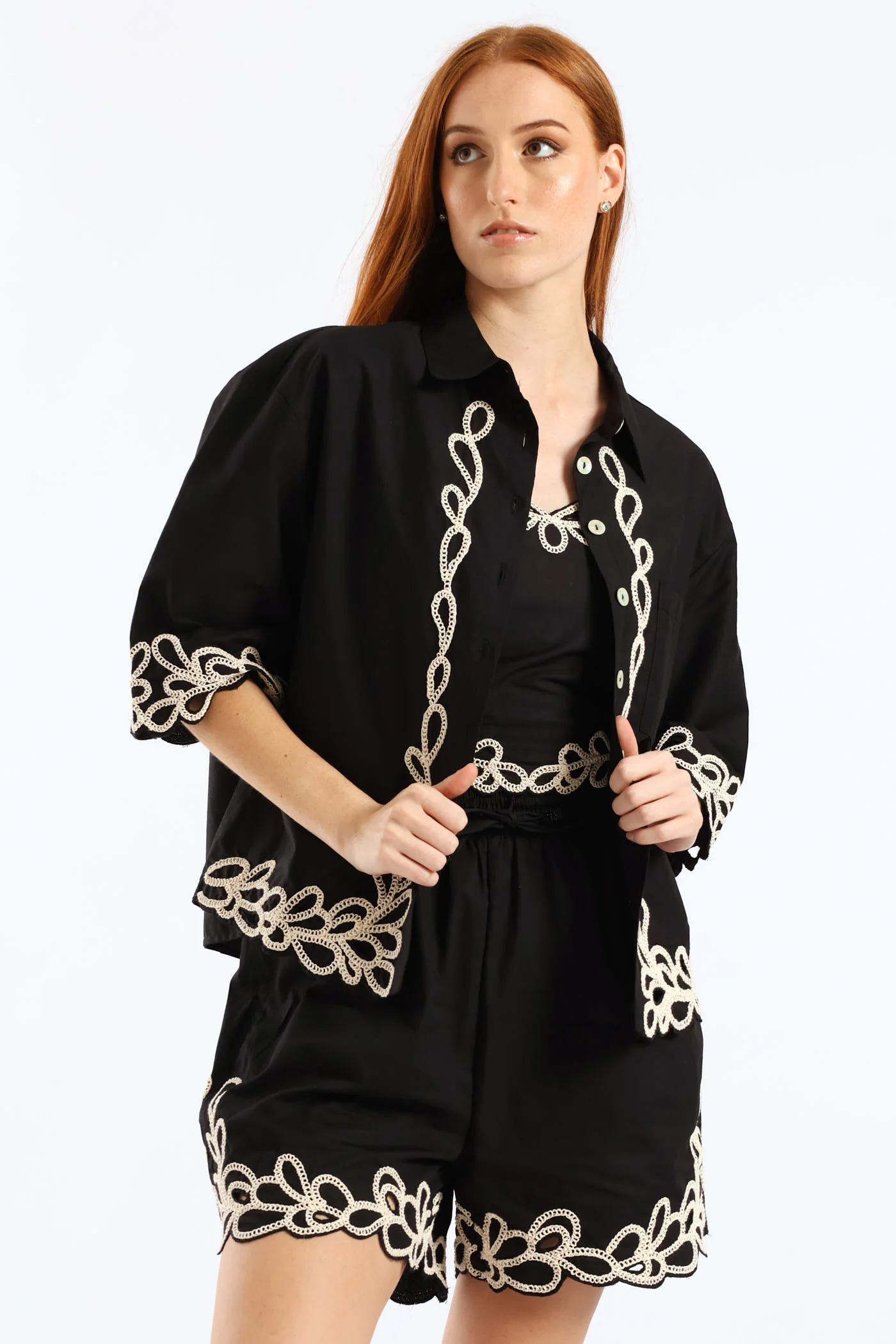 Contrast Cornelli Boxy Shirt - Black - Image 4