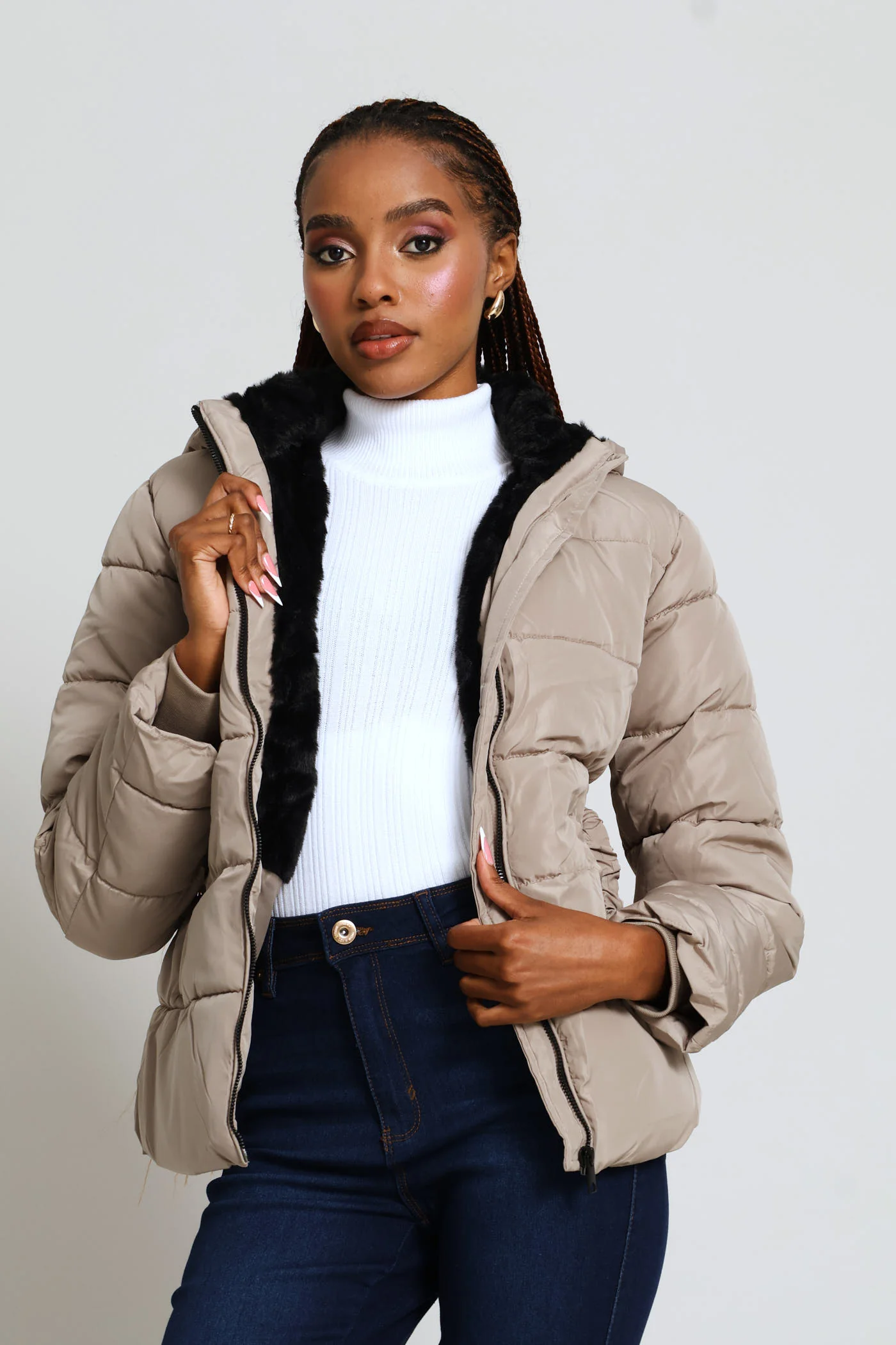 Contrast Fur Lining Waisted Ski Puffer Jacket - Taupe - Image 3