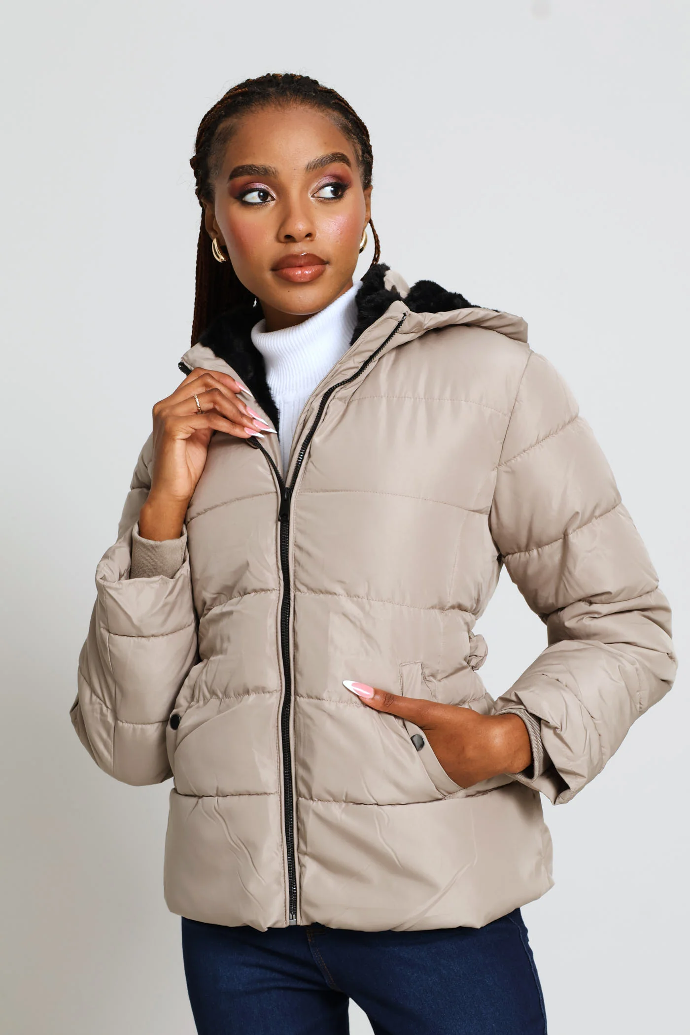 Contrast Fur Lining Waisted Ski Puffer Jacket - Taupe - Image 4