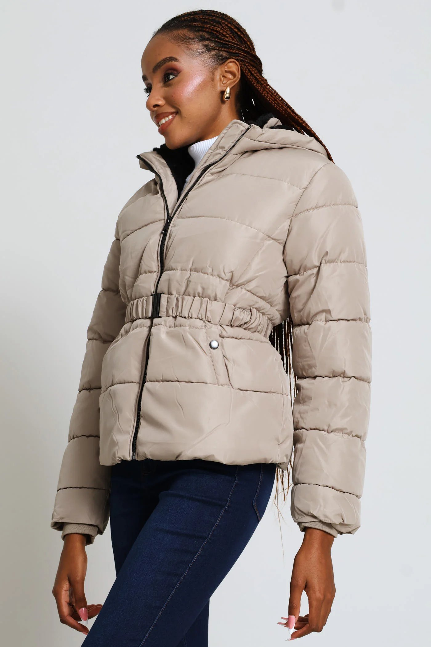 Contrast Fur Lining Waisted Ski Puffer Jacket - Taupe - Image 5