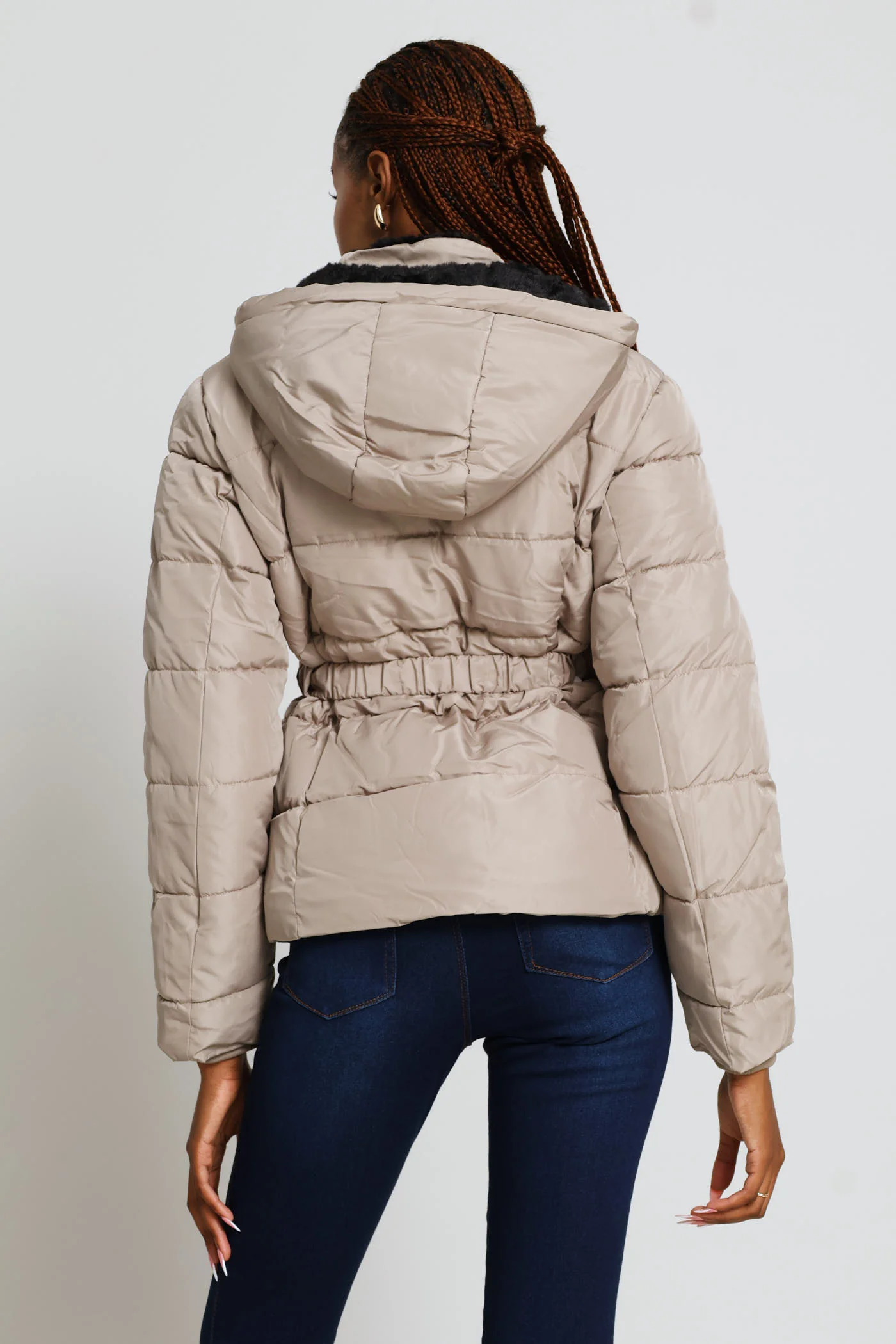 Contrast Fur Lining Waisted Ski Puffer Jacket - Taupe - Image 6