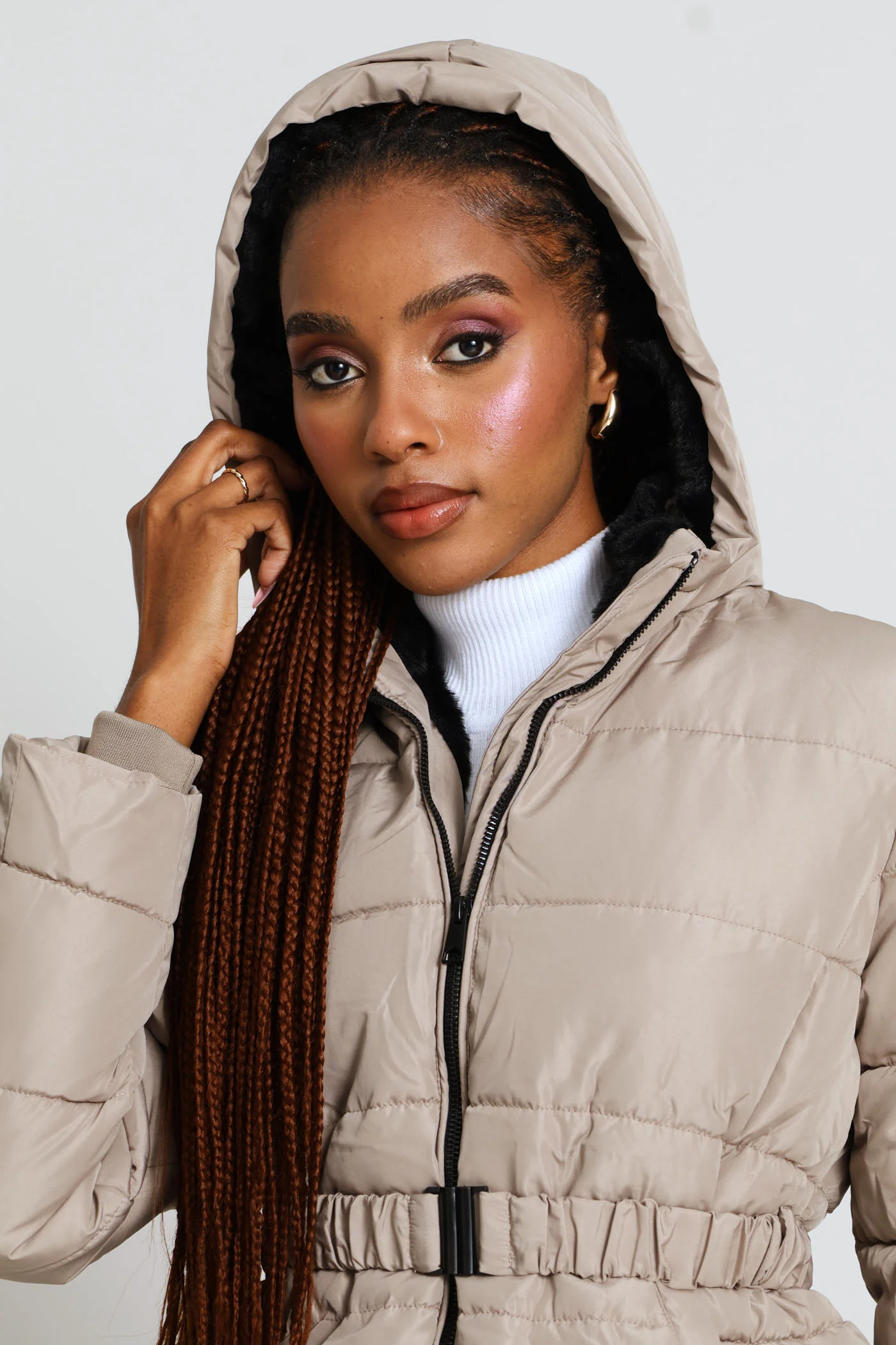 Contrast Fur Lining Waisted Ski Puffer Jacket - Taupe - Image 7