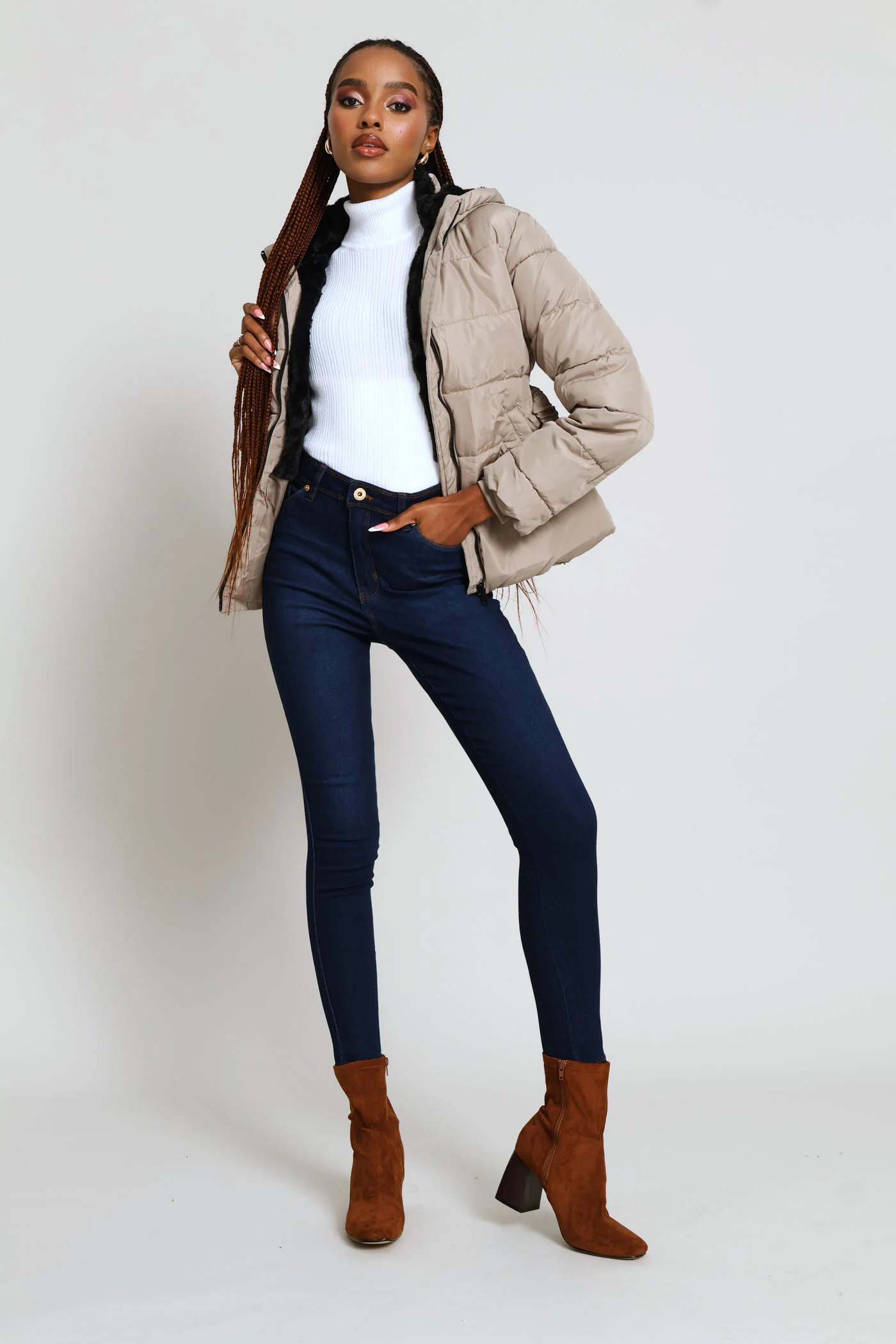 Contrast Fur Lining Waisted Ski Puffer Jacket - Taupe - Image 8
