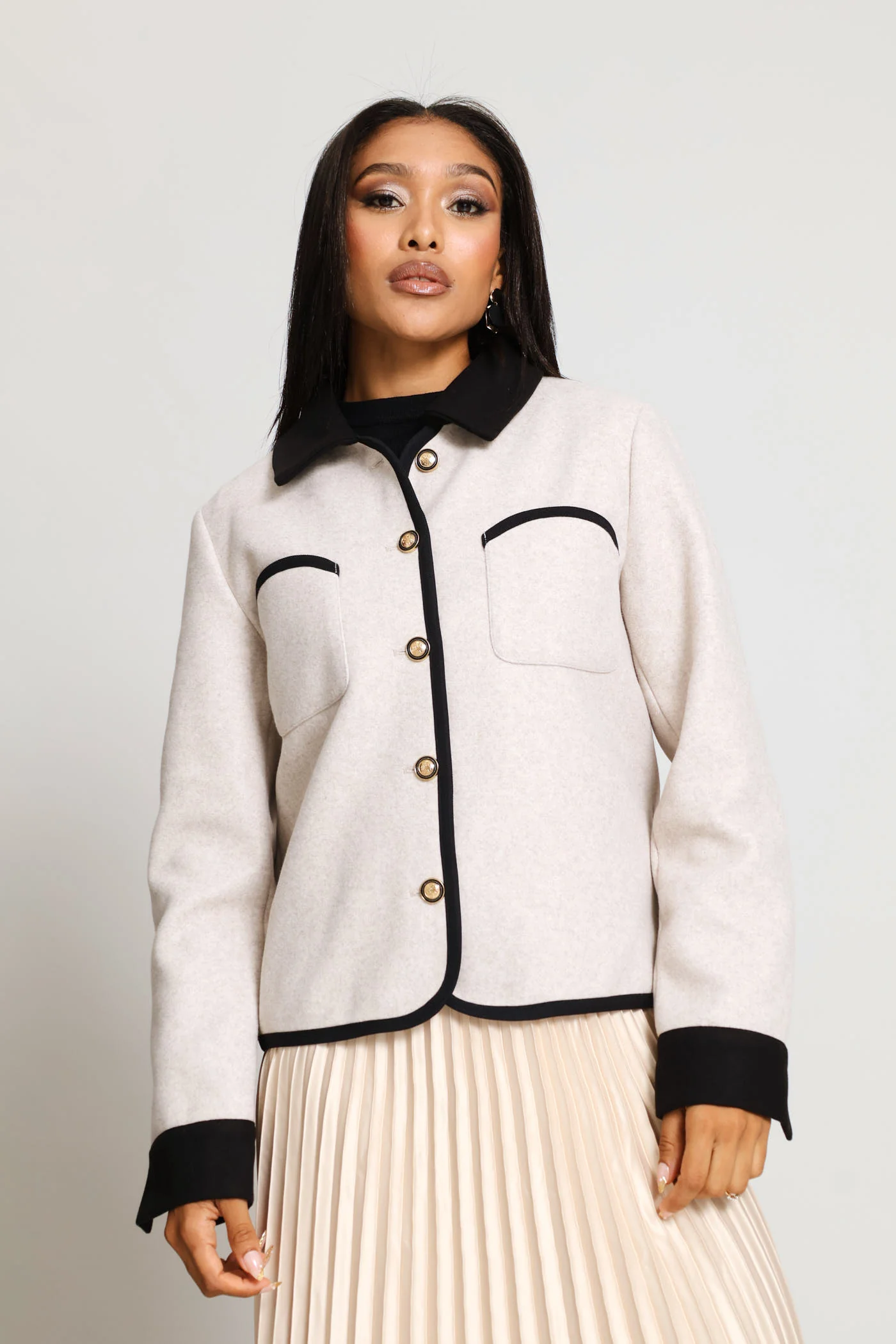 Contrast Melton Coat - Oatmeal - Image 2