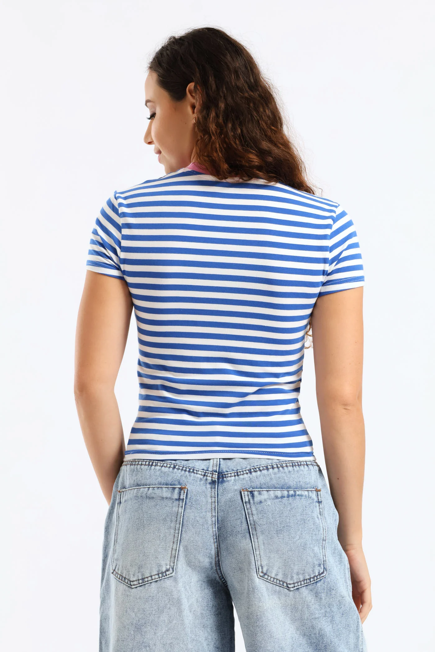 Contrast Neckline Stripe Tee - Blue - Image 2