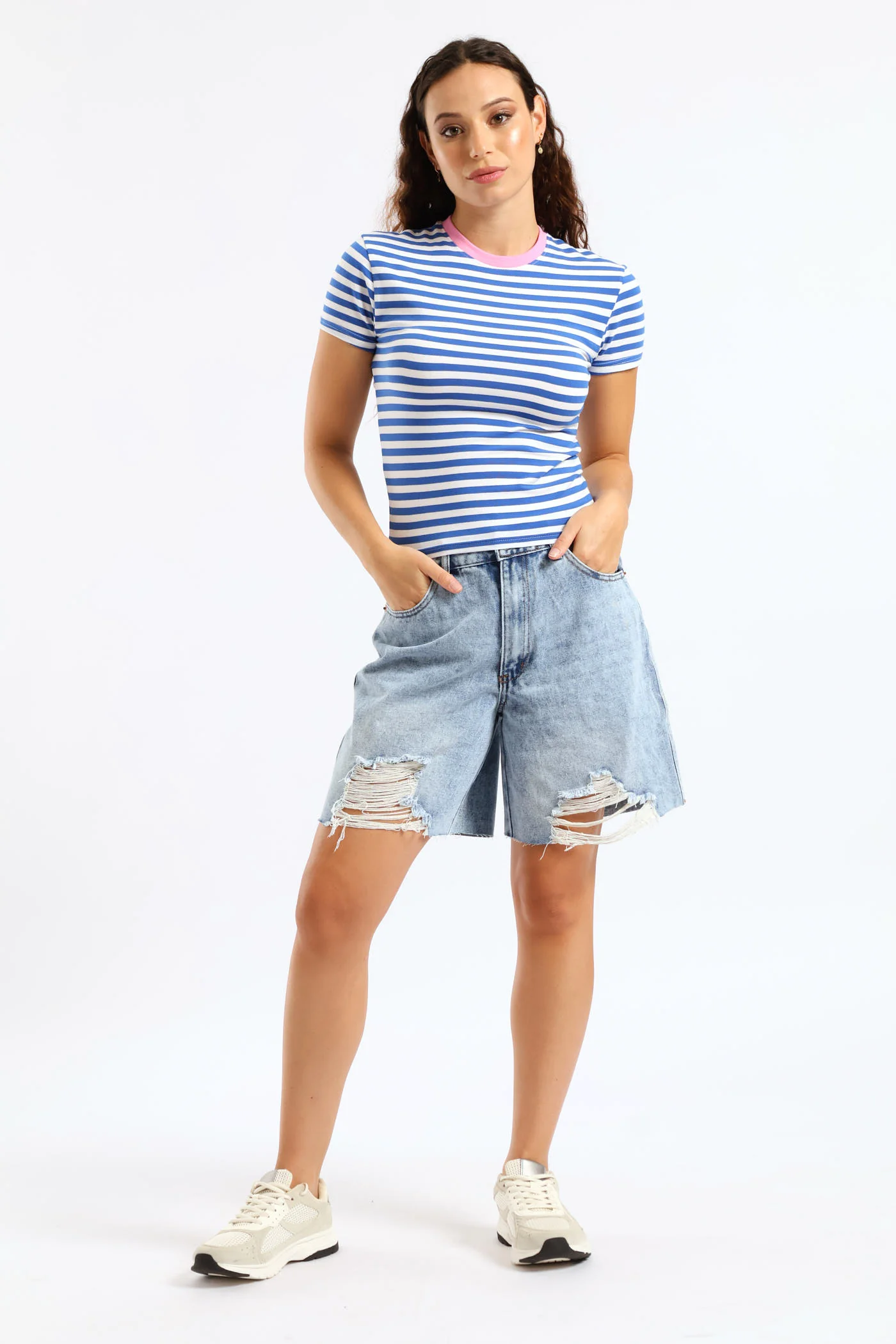 Contrast Neckline Stripe Tee - Blue - Image 4