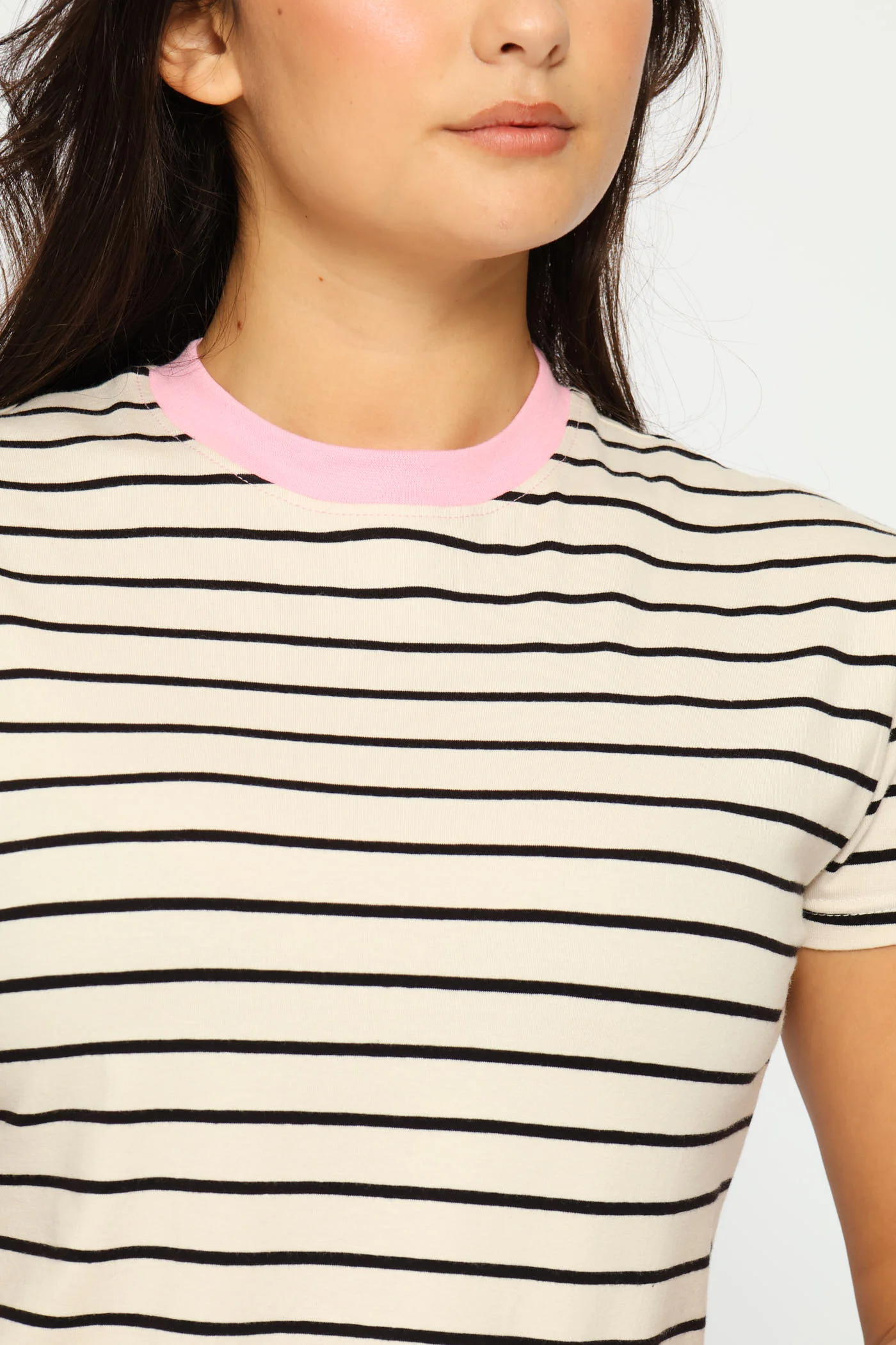 Contrast Neckline Stripe Tee - Cream - Image 2