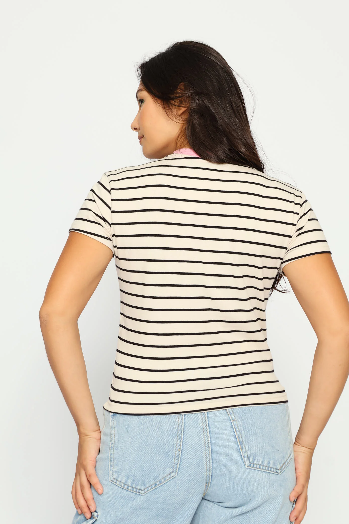 Contrast Neckline Stripe Tee - Cream - Image 4