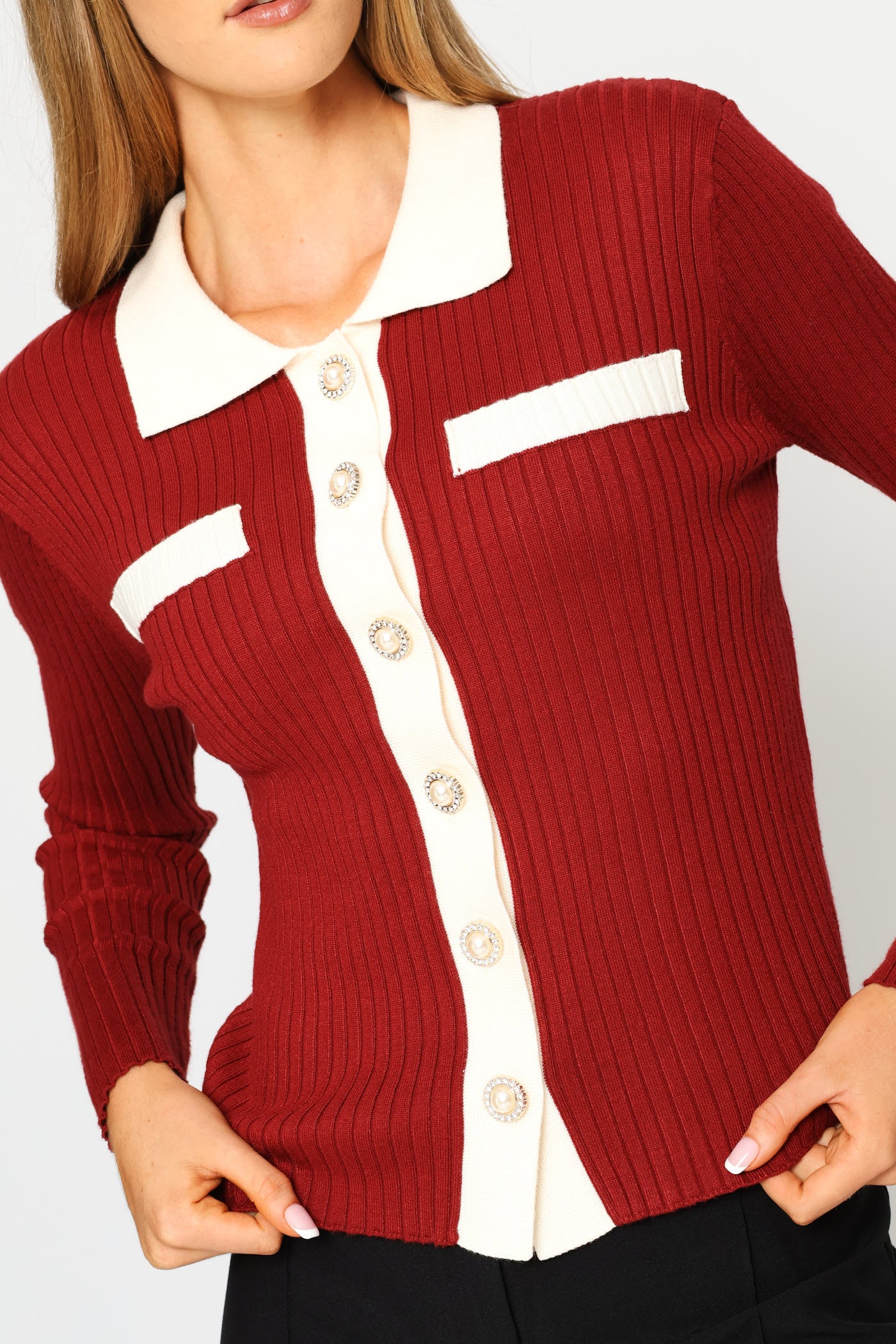 Contrast Preppy Ribbed Cardigan - Red - Image 2
