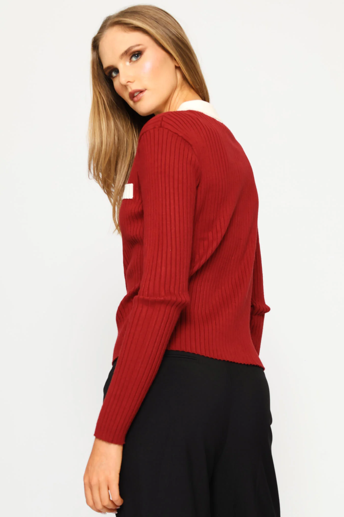 Contrast Preppy Ribbed Cardigan - Red - Image 4