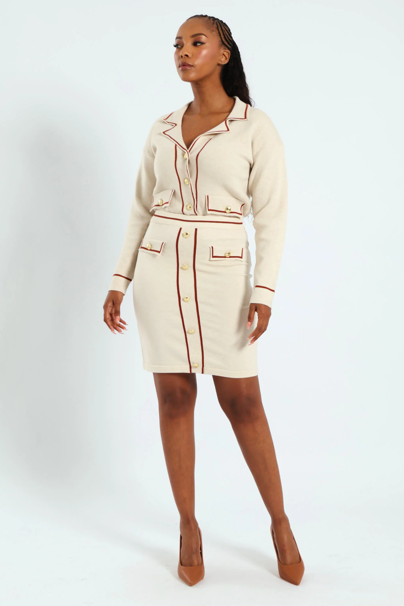 Contrast Printed Styled Knitwear Skirt - Cream - Image 5