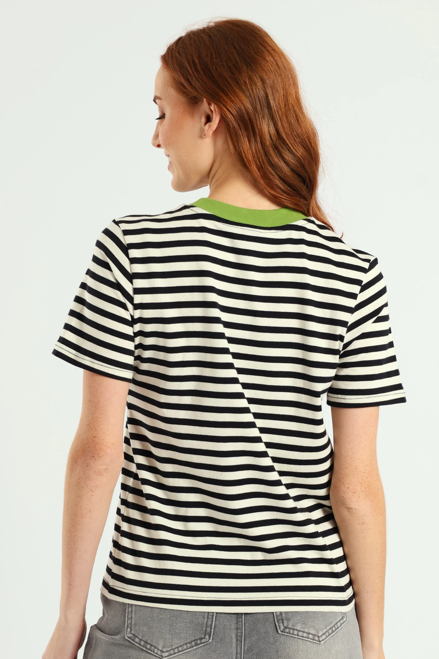 Contrast Rib Nack Stripe Boxy Tee  - Black/Beige - Image 3