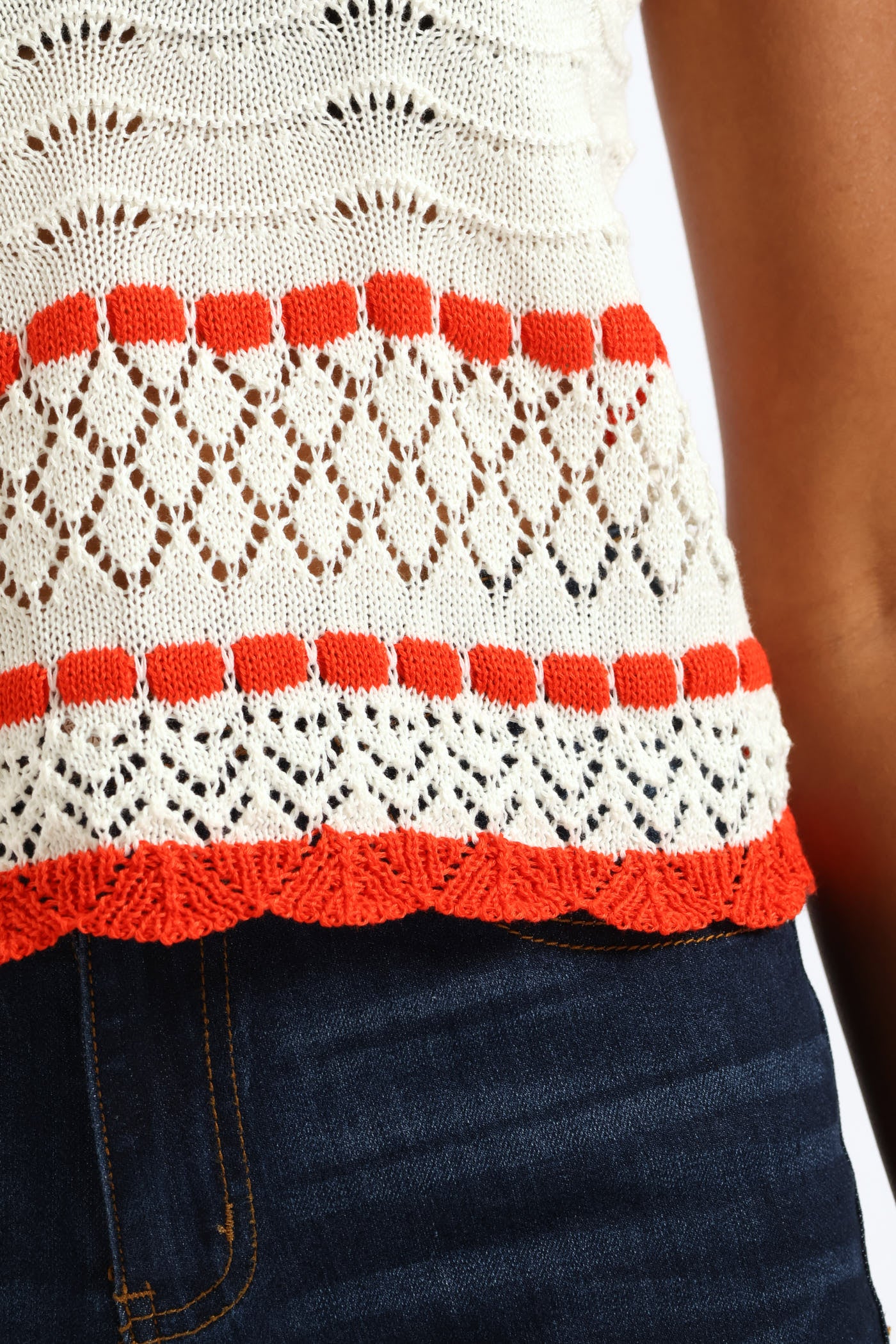 Contrast Scallop Detail Pointelle Knitwear Top - White/Orange - Image 2