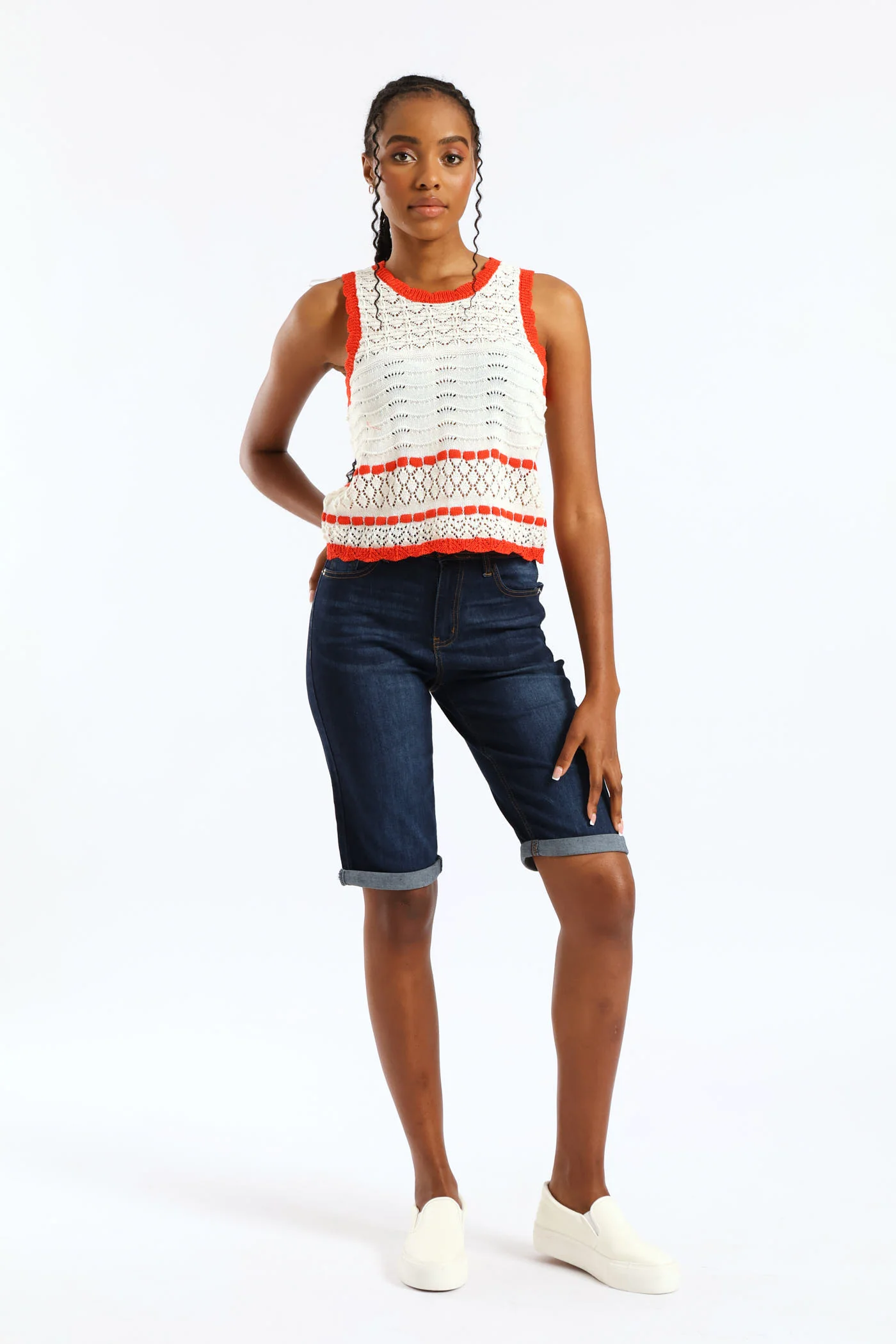 Contrast Scallop Detail Pointelle Knitwear Top - White/Orange - Image 3