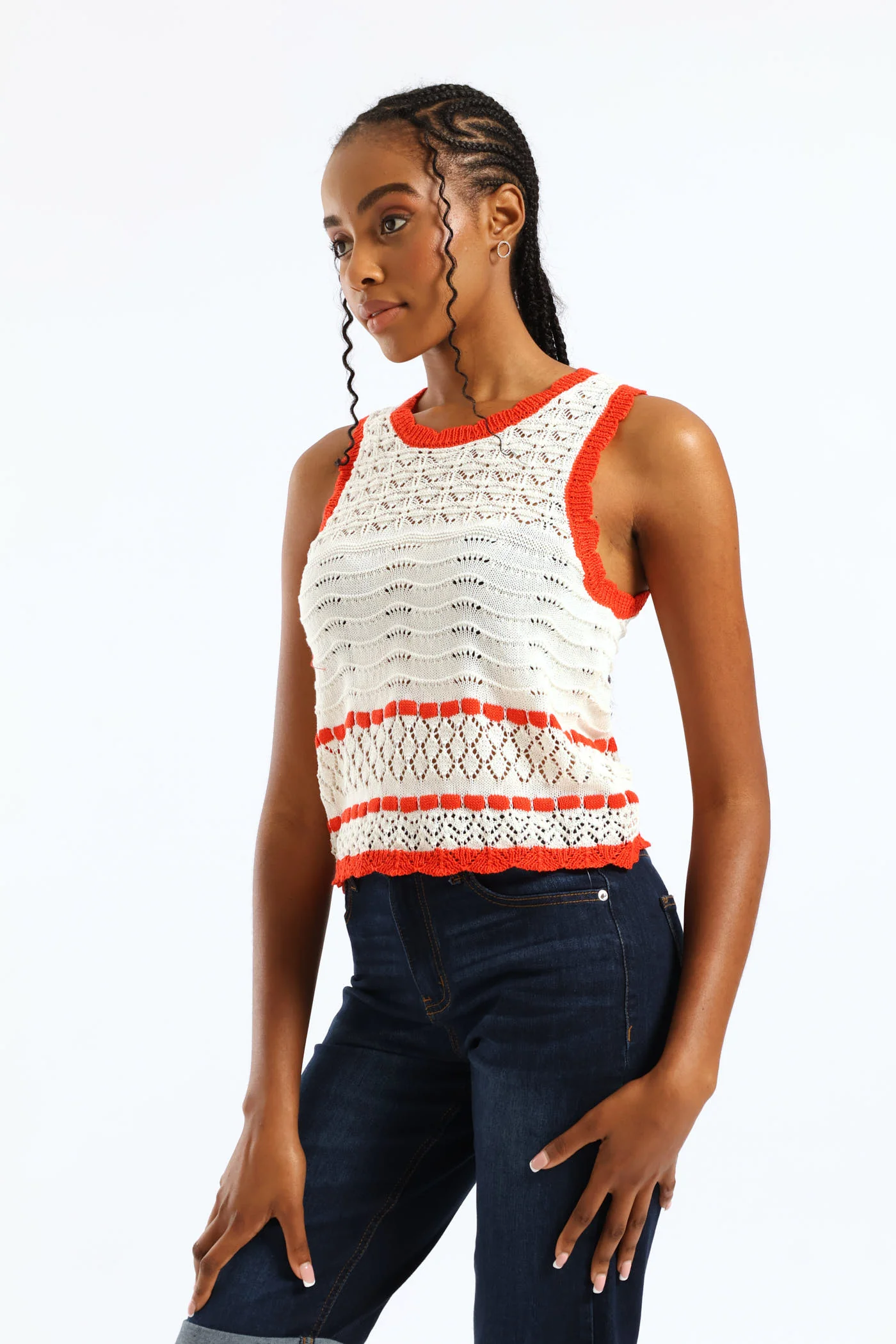 Contrast Scallop Detail Pointelle Knitwear Top - White/Orange - Image 4