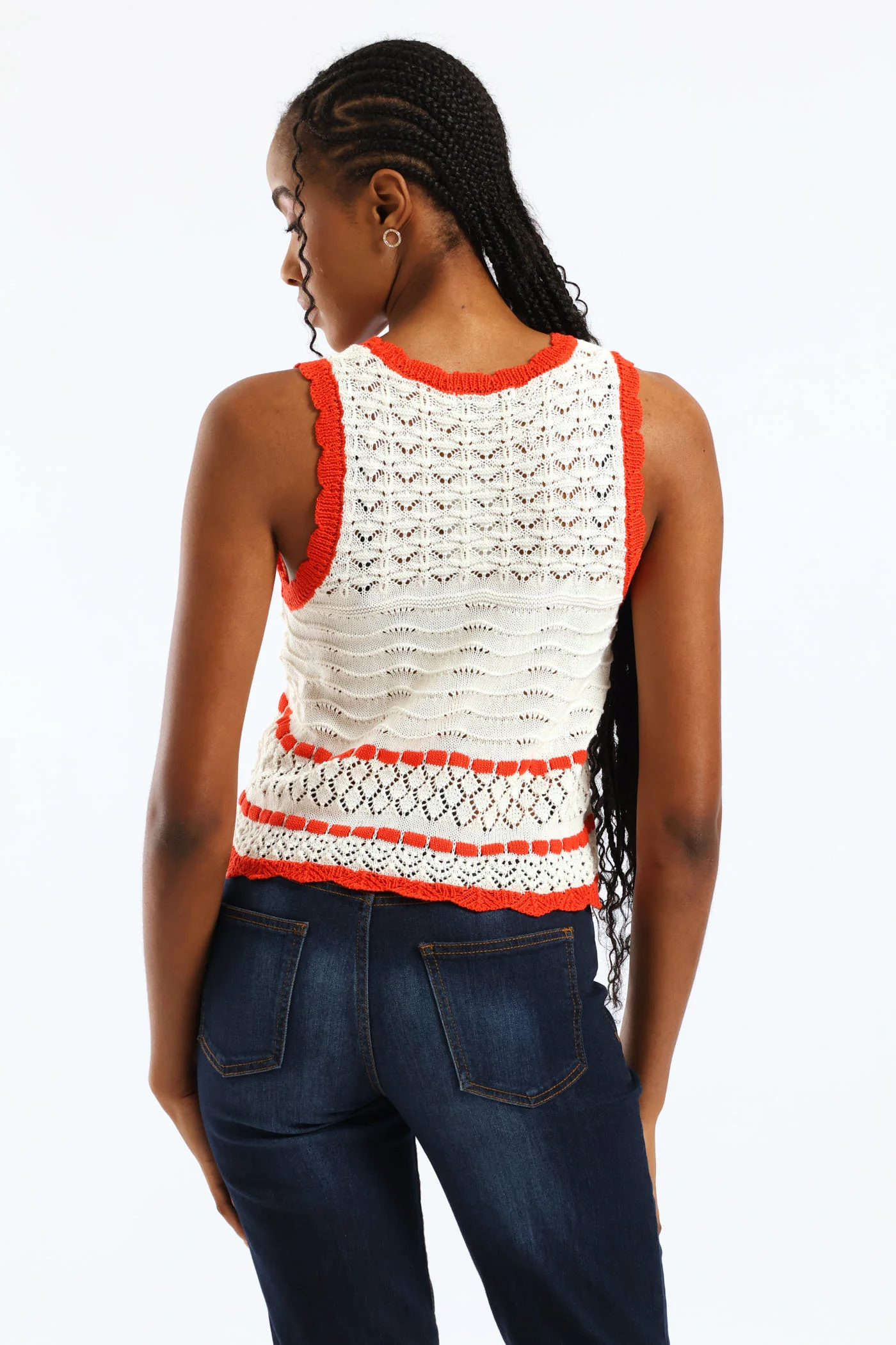 Contrast Scallop Detail Pointelle Knitwear Top - White/Orange - Image 5