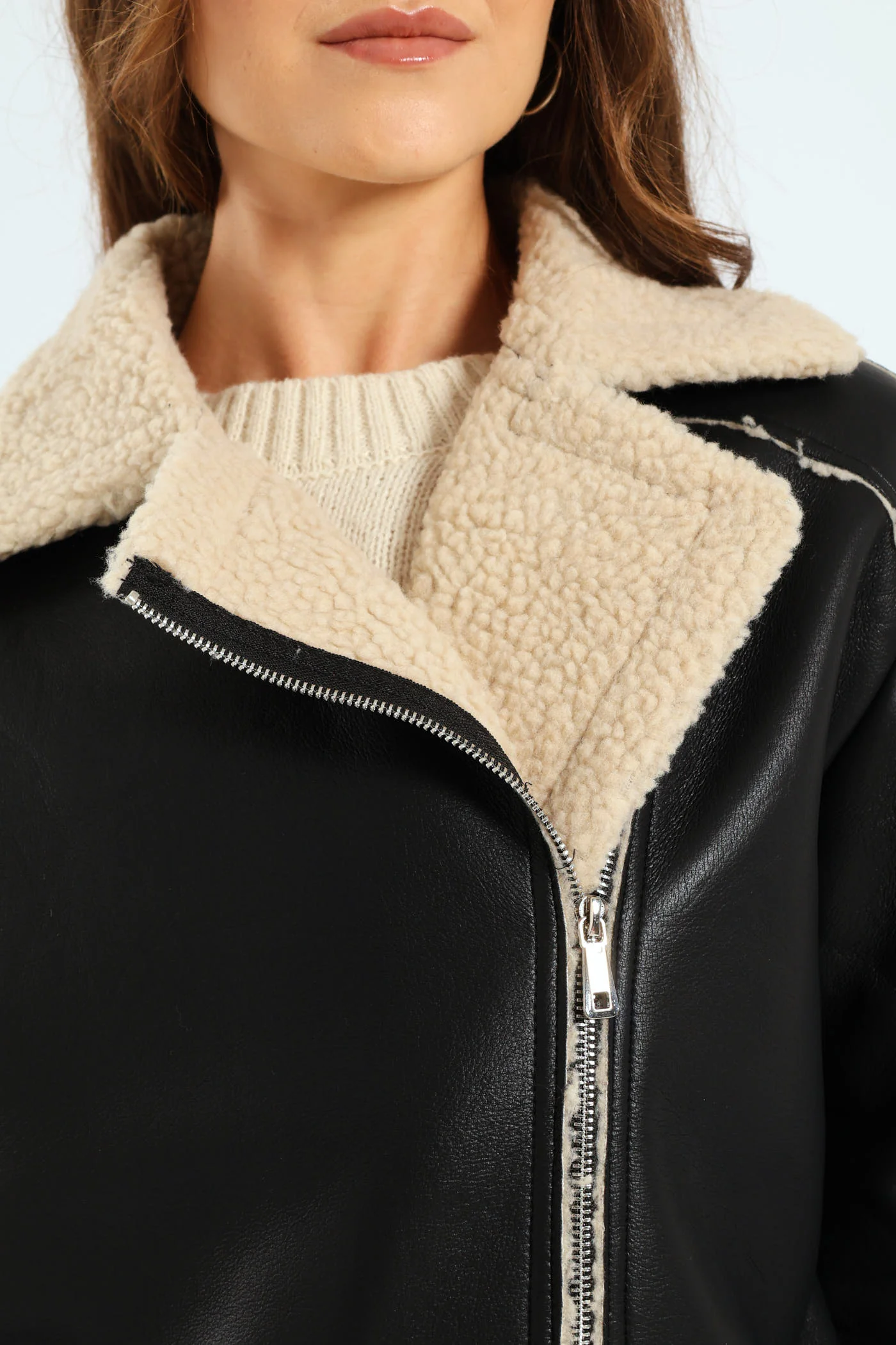 Contrast Sherpa Lined Aviator Jacket - Black/Cream - Image 2