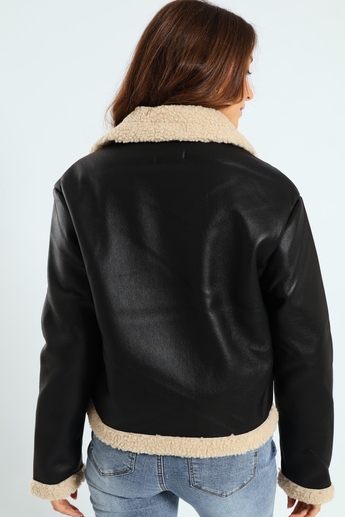 Contrast Sherpa Lined Aviator Jacket - Black/Cream - Image 4
