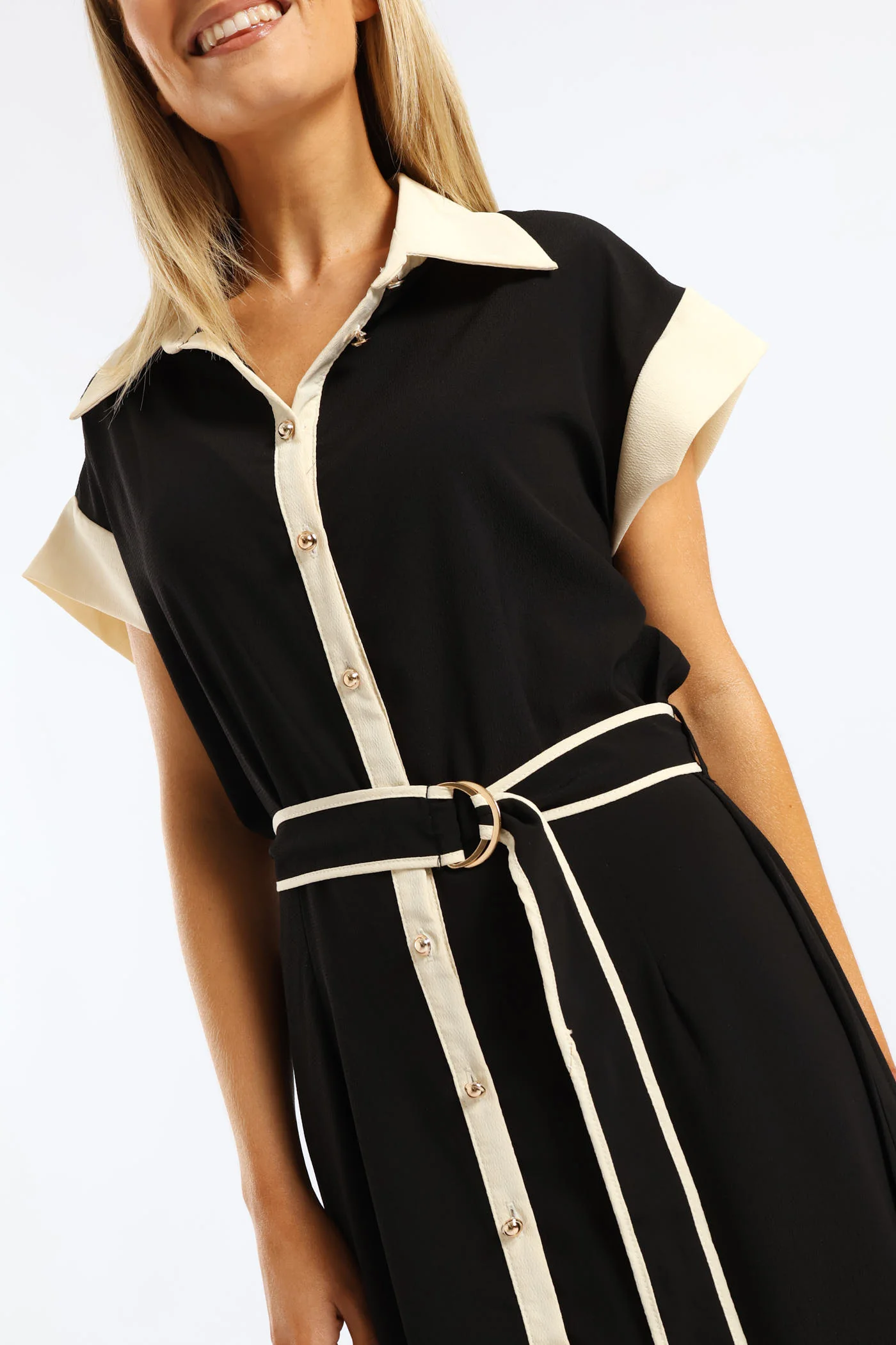 Contrast Shirt Maxi Dress - Black/Cream - Image 2