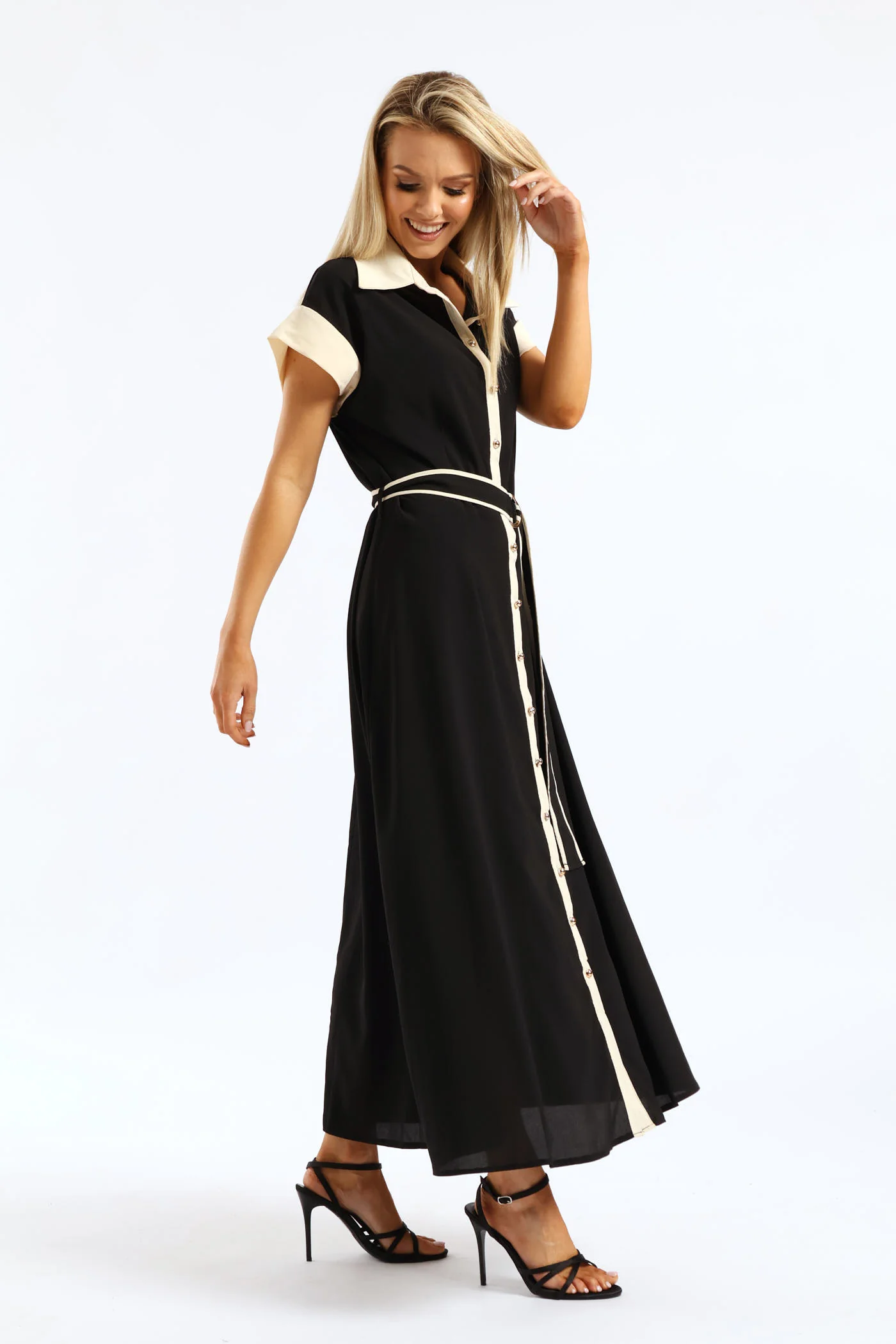 Contrast Shirt Maxi Dress - Black/Cream - Image 3