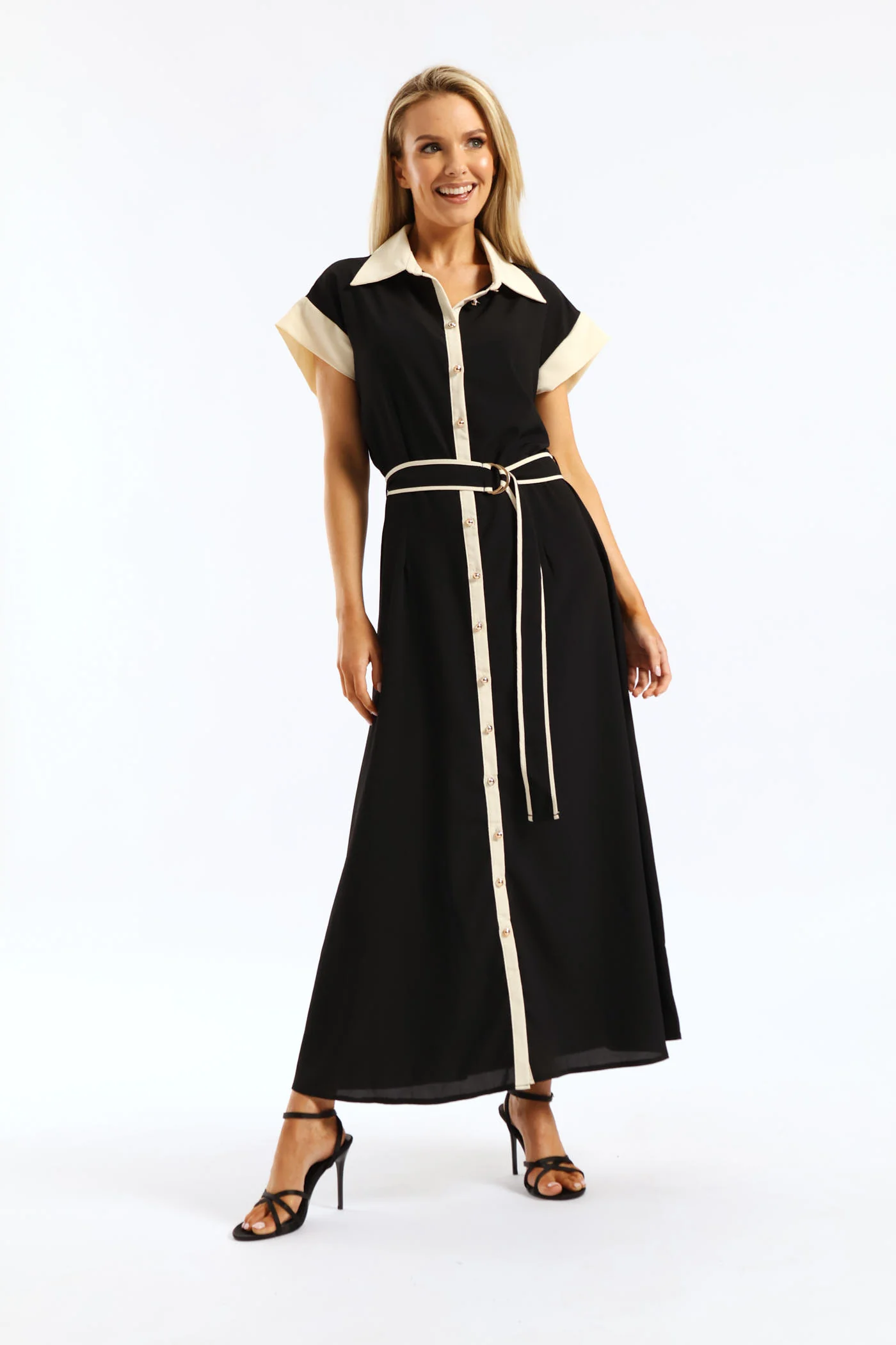 Contrast Shirt Maxi Dress - Black/Cream - Image 5