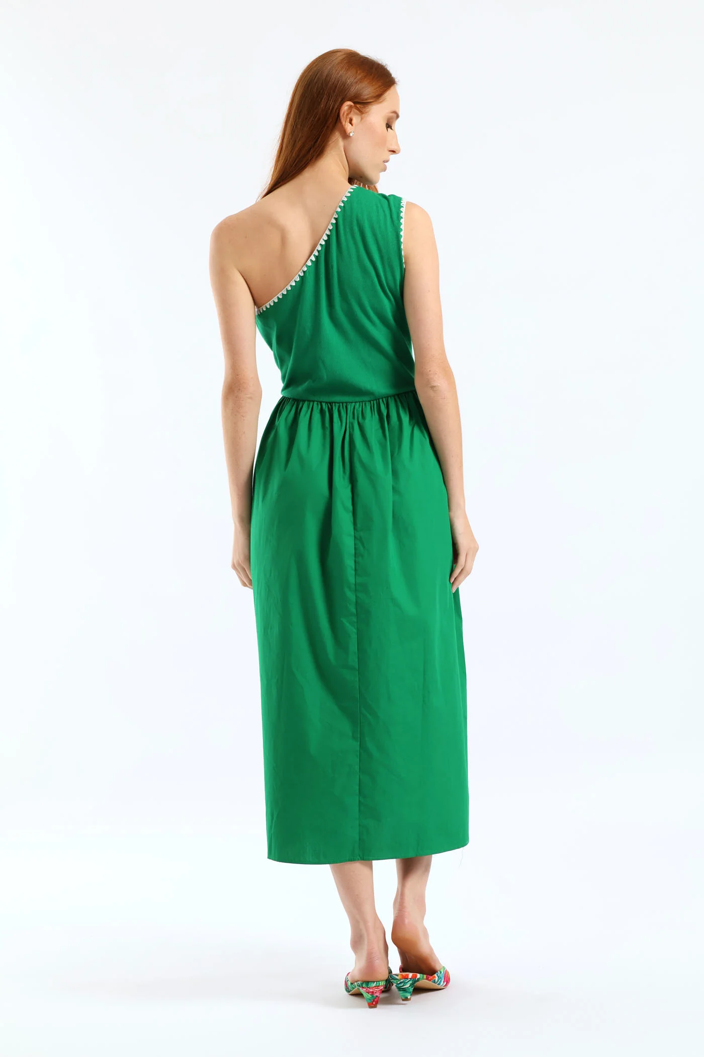 Contrast Stitch Detail One Shoulder Combo Midi Dress - Emerald - Image 3