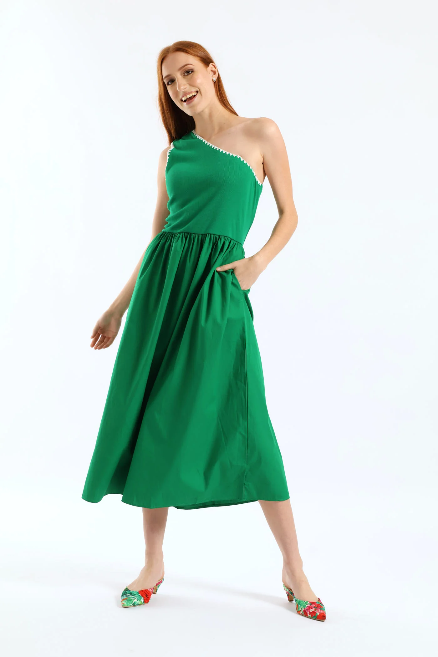 Contrast Stitch Detail One Shoulder Combo Midi Dress - Emerald - Image 4