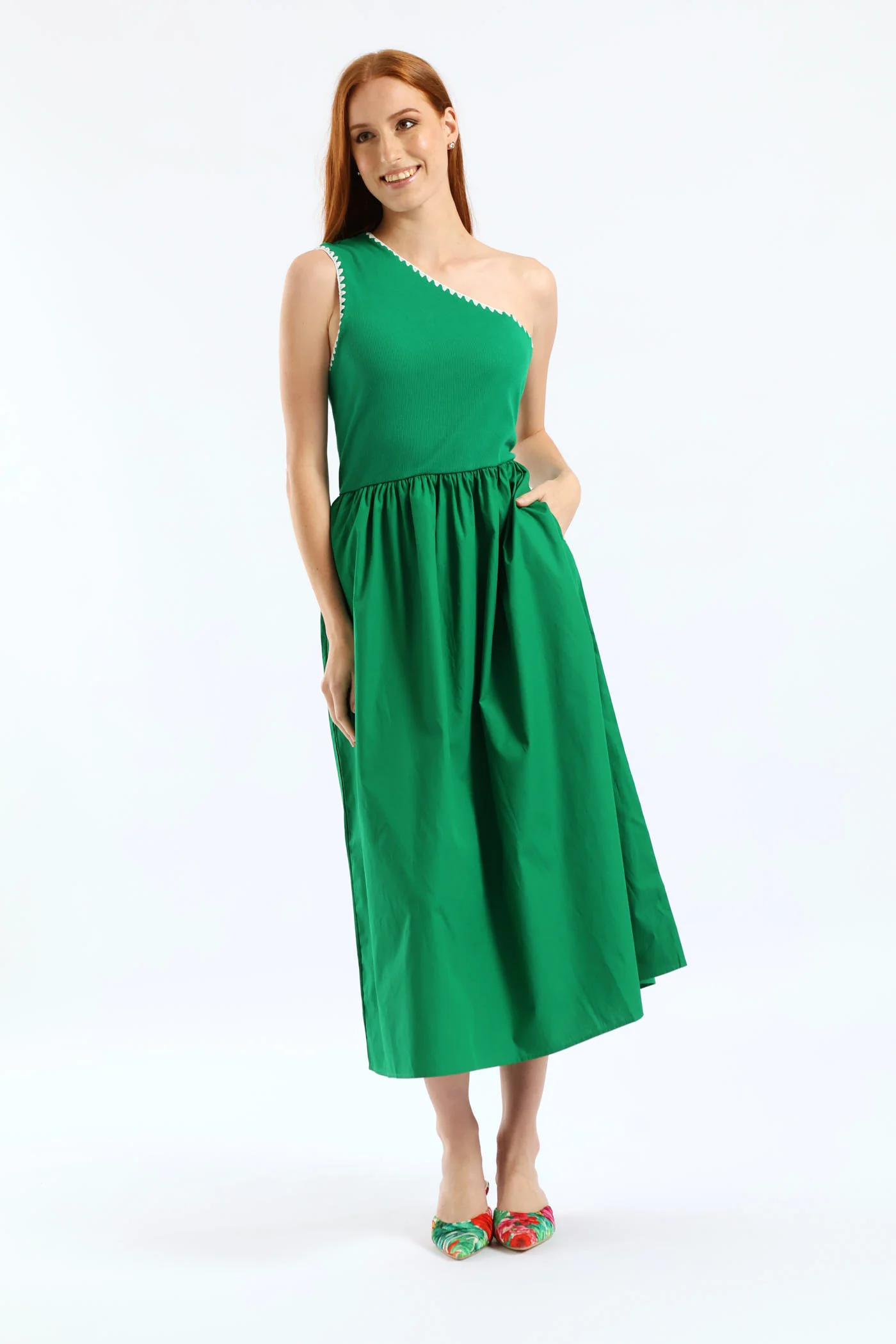 Contrast Stitch Detail One Shoulder Combo Midi Dress - Emerald - Image 5