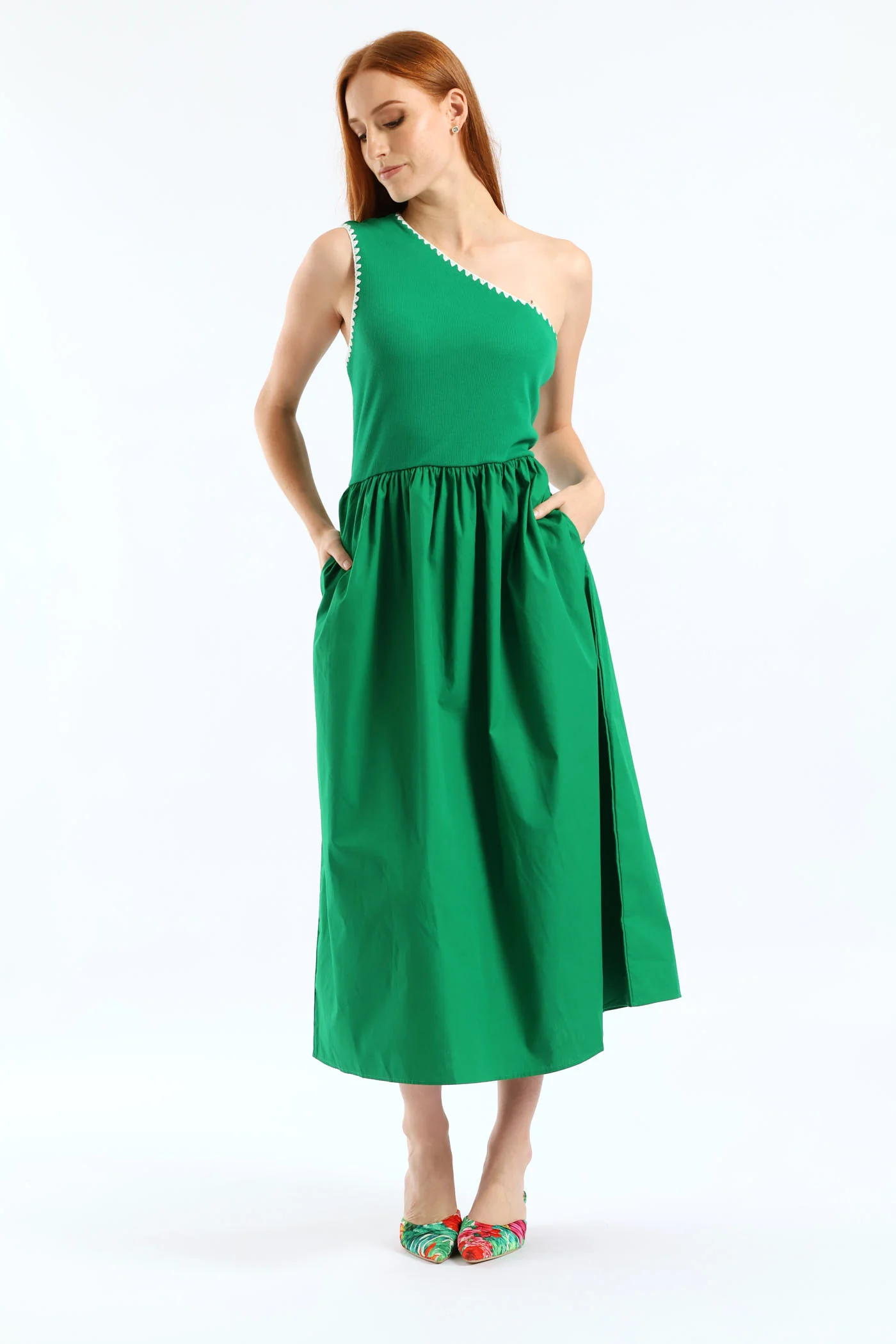 Contrast Stitch Detail One Shoulder Combo Midi Dress - Emerald - Image 6