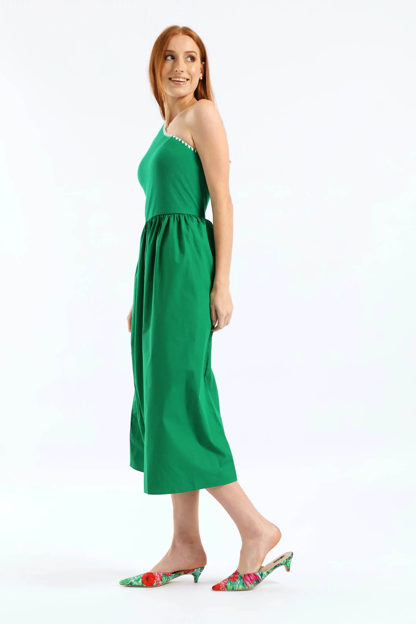 Contrast Stitch Detail One Shoulder Combo Midi Dress - Emerald - Image 7