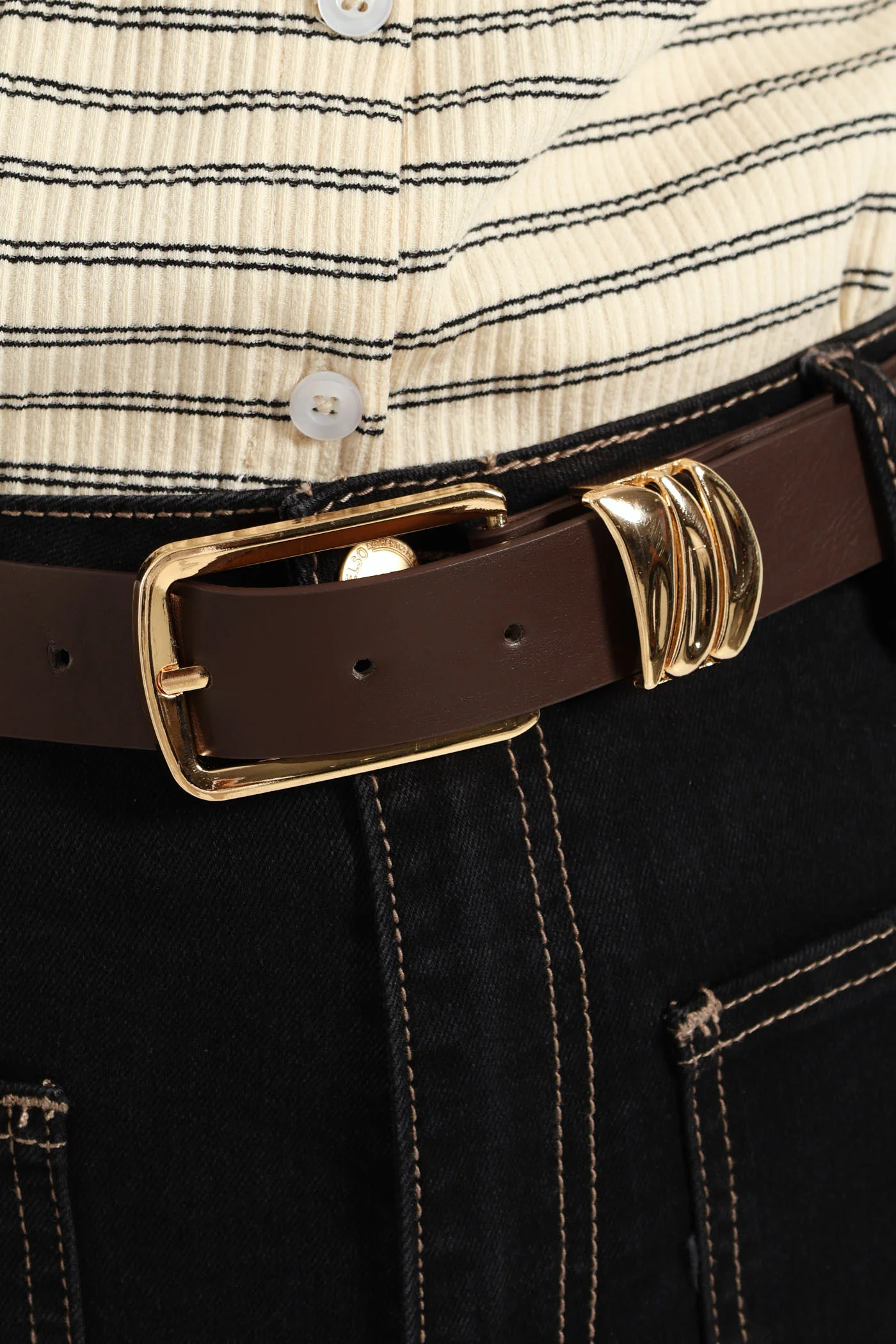 Contrast Stitch Patch Pocket Belted Straight Leg Jean - Black - Image 2