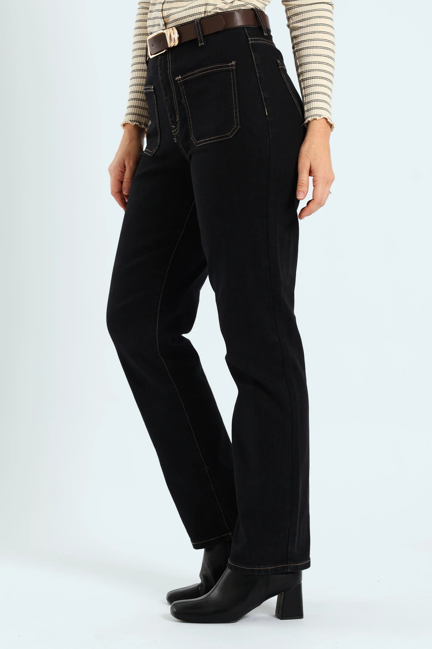 Contrast Stitch Patch Pocket Belted Straight Leg Jean - Black - Image 3