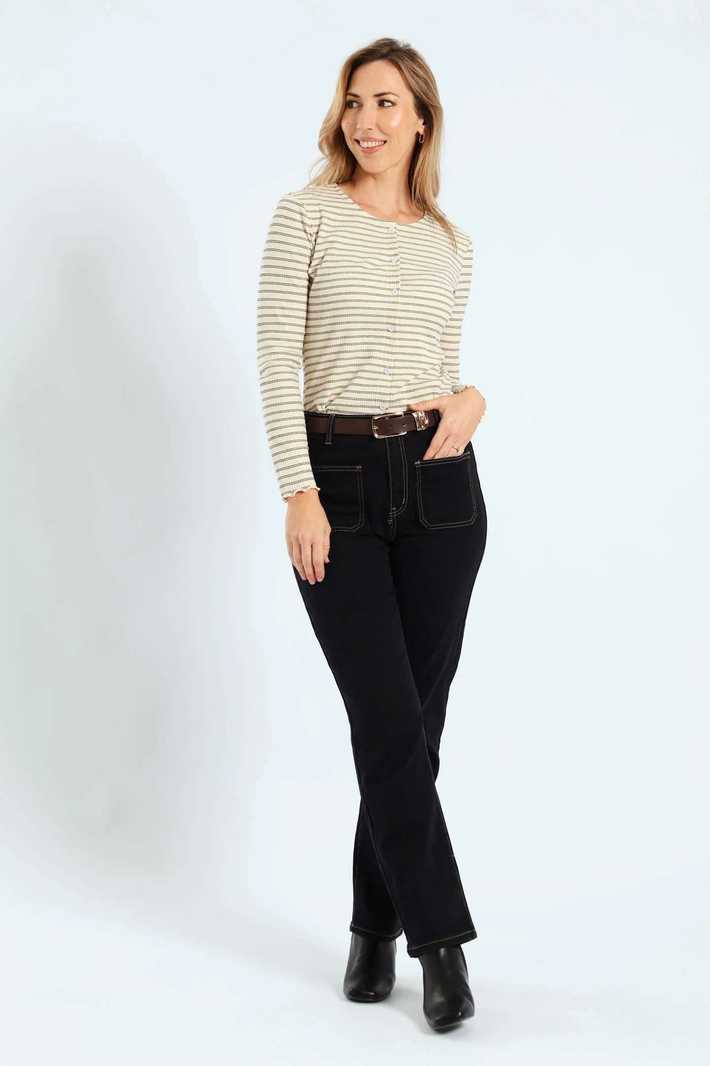 Contrast Stitch Patch Pocket Belted Straight Leg Jean - Black - Image 5