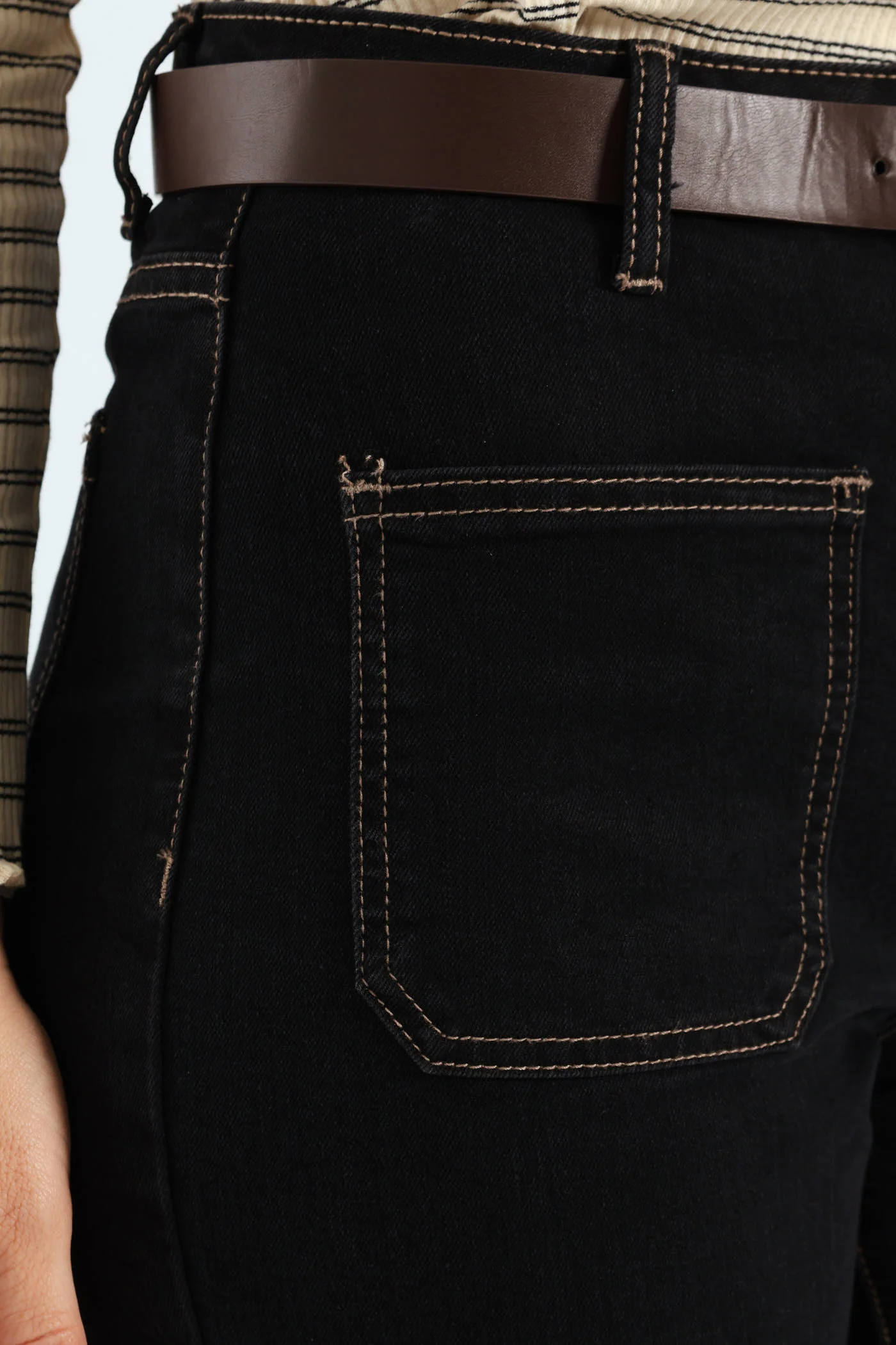 Contrast Stitch Patch Pocket Belted Straight Leg Jean - Black - Image 6