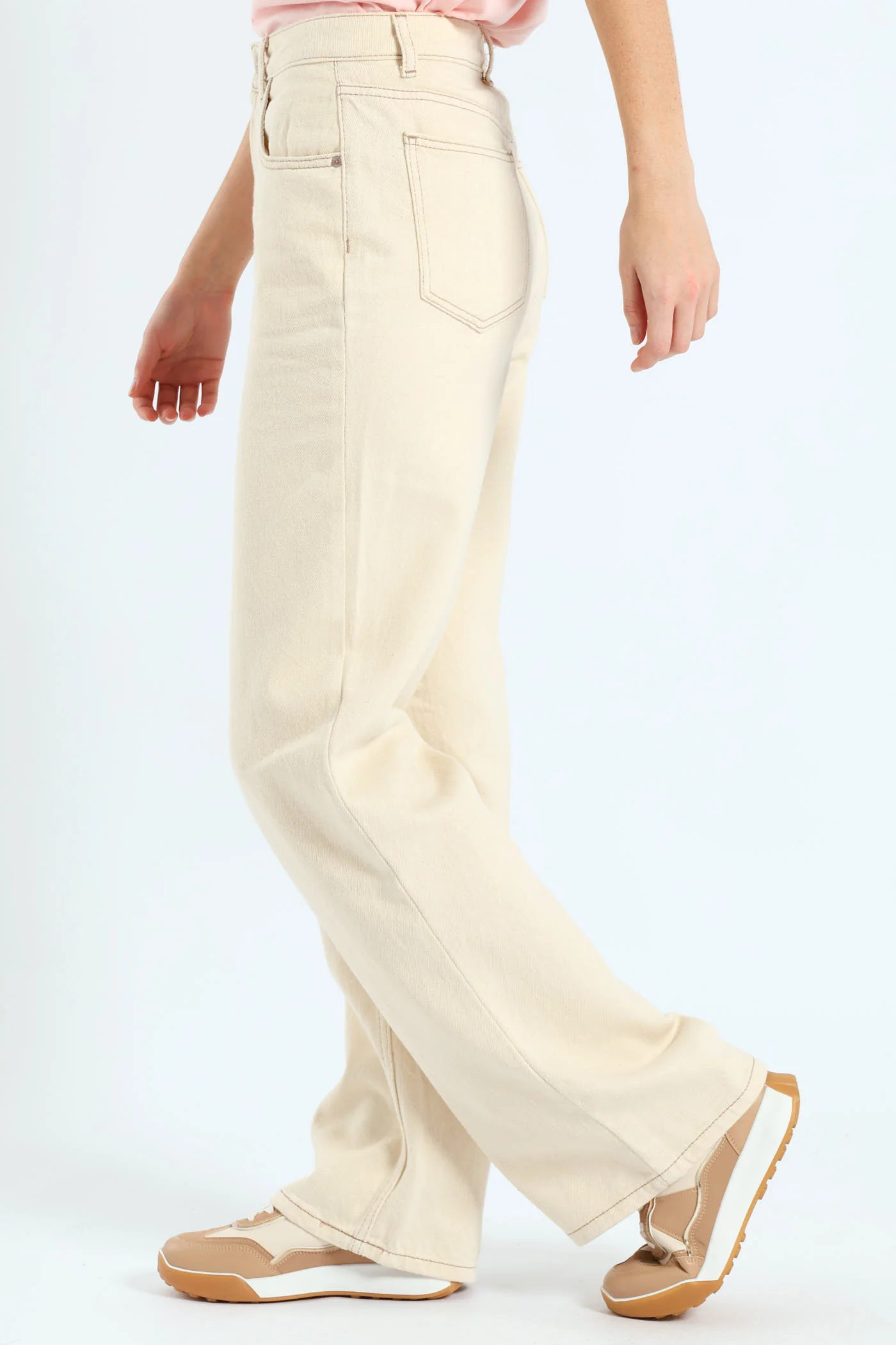 Contrast Thread Hi-Rise Wide Leg Jean - Ecru - Image 2