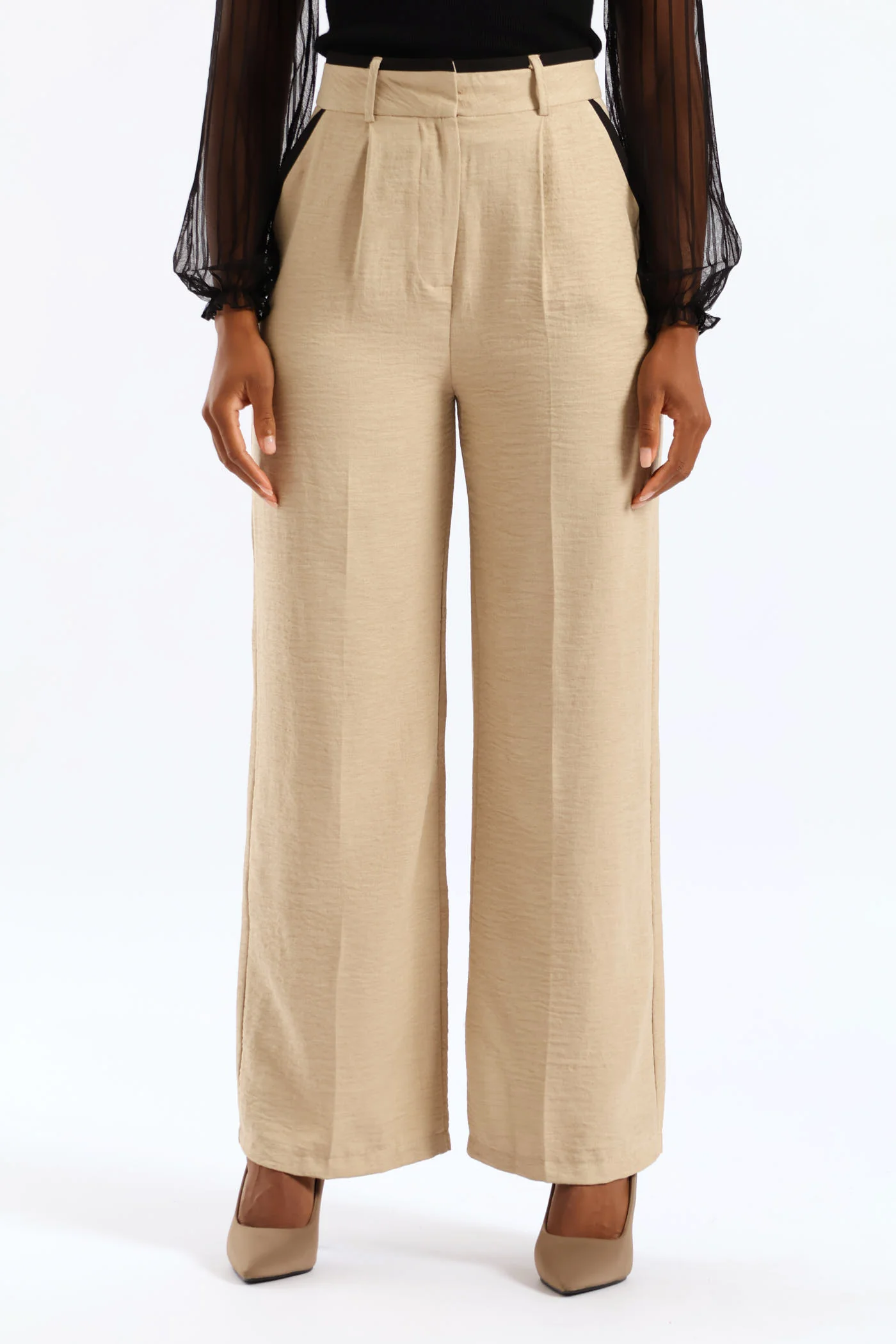 Contrast Tipped Linen Blend Wide Leg Pant - Oatmeal - Image 3