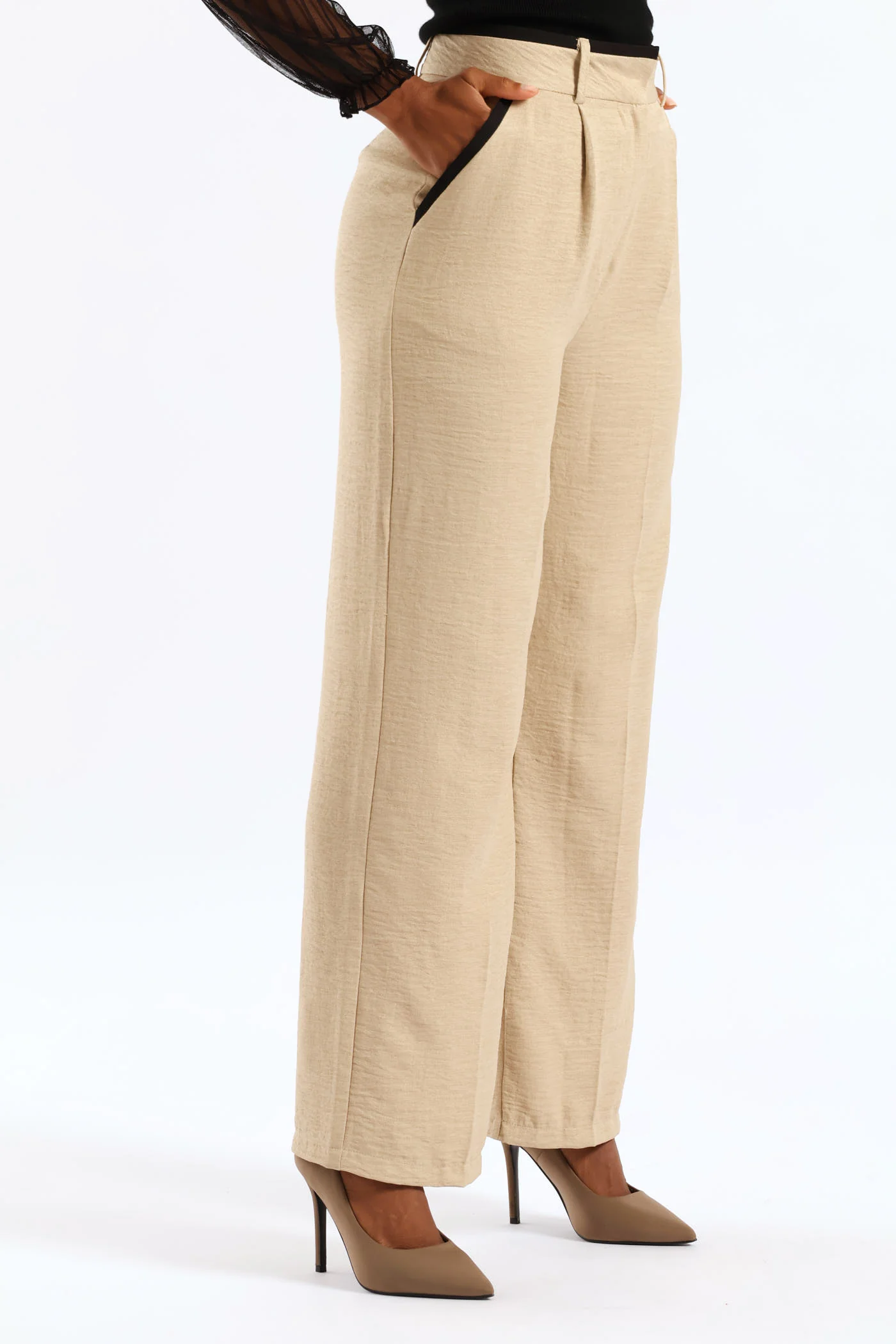 Contrast Tipped Linen Blend Wide Leg Pant - Oatmeal - Image 4